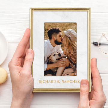 Personalised Marble, Brass 4"x6" Photo Frame, Custom Etched Memory Picture Table Display & Metallic Colour Infill, Housewarming Wedding Gift