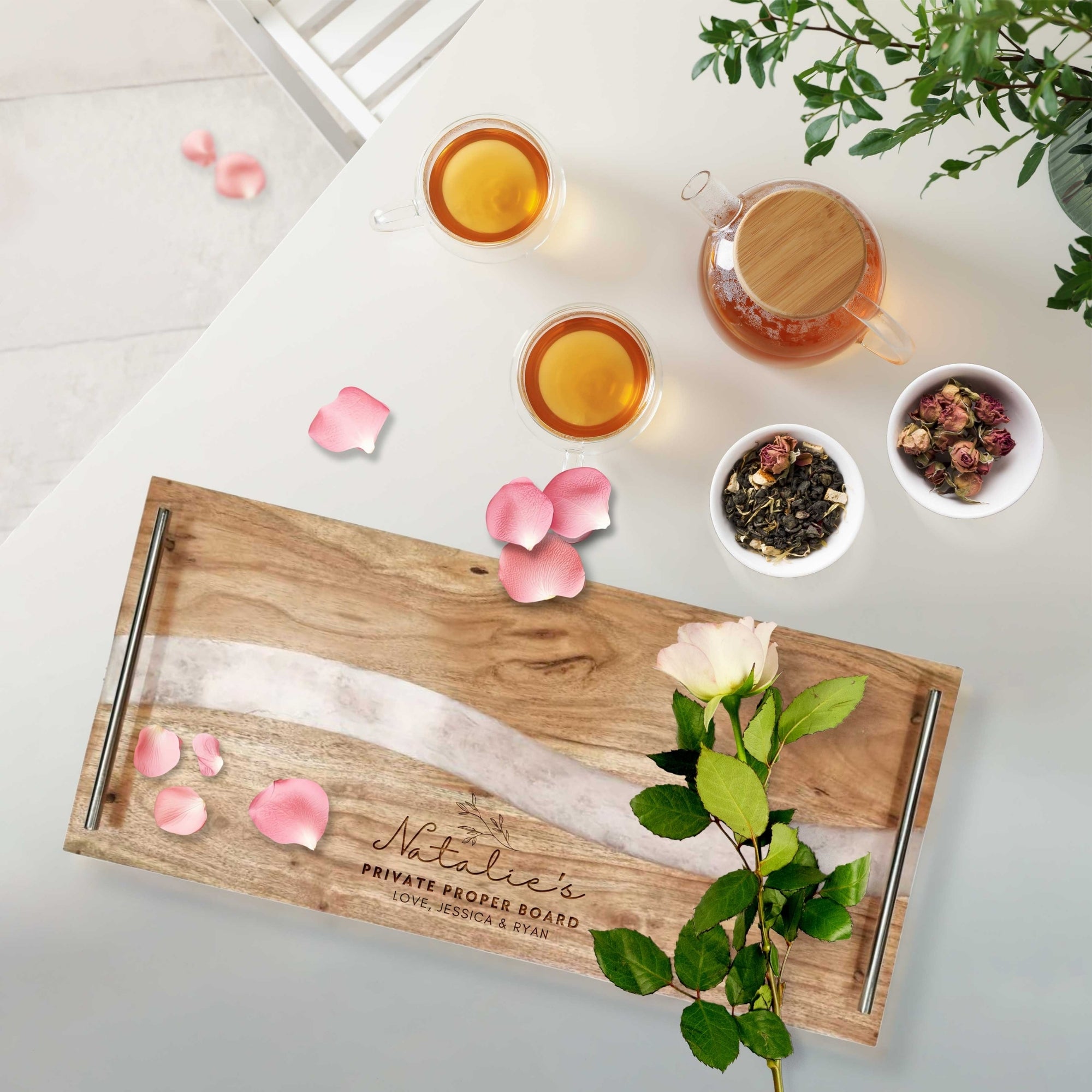 Personalised Acacia Wood &amp; Pink Resin Cheese Handle Tray, Custom Engraved Serving Board, Charcuterie Platter, Decor Housewarming Gift