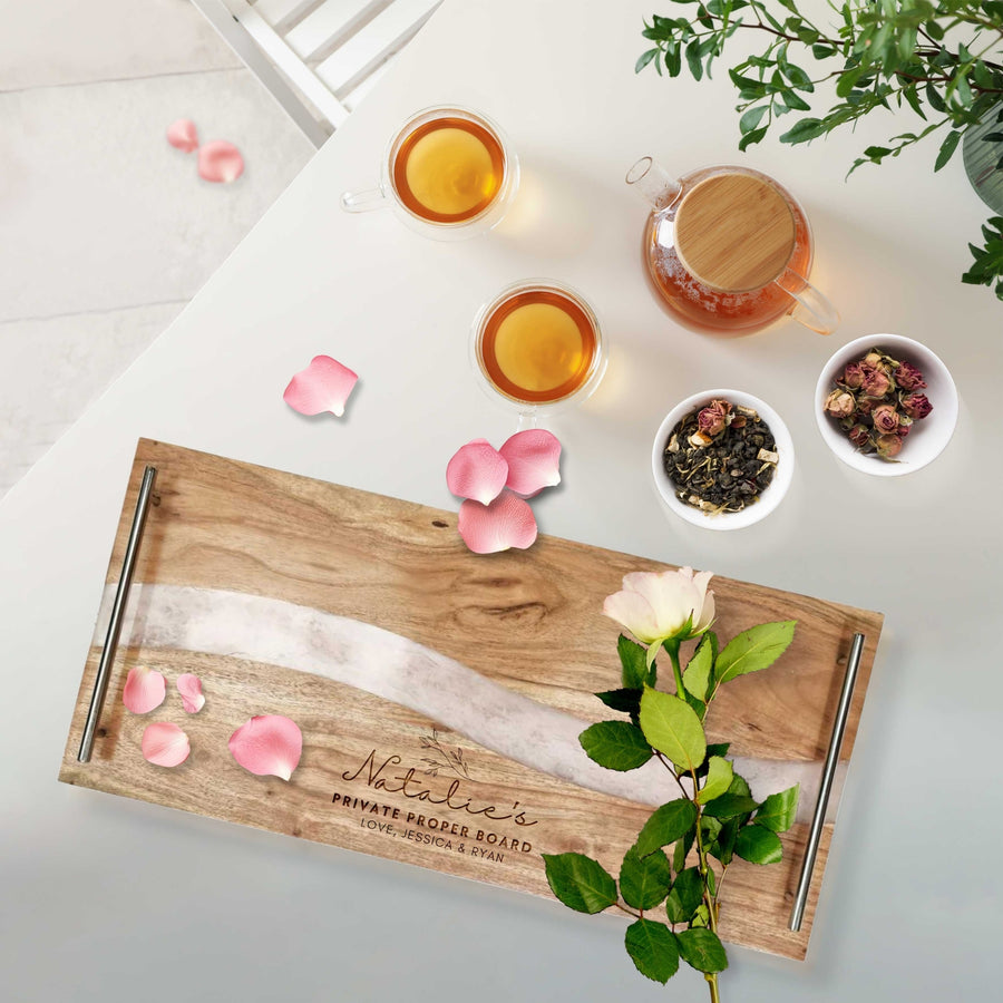 Personalised Acacia Wood & Pink Resin Cheese Handle Tray, Custom Engraved Serving Board, Charcuterie Platter, Decor Housewarming Gift