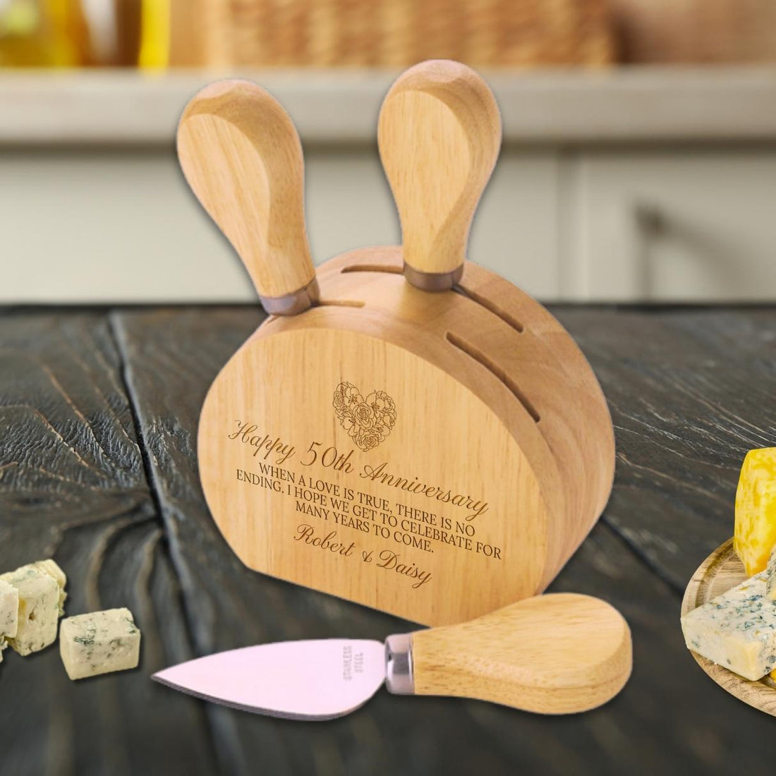 Personalised 4 Piece Wooden Cheese Knife Block Set, Engraved Serving Charcuterie Platter, Wedding, Anniversary, Corporate, Housewarming Gift