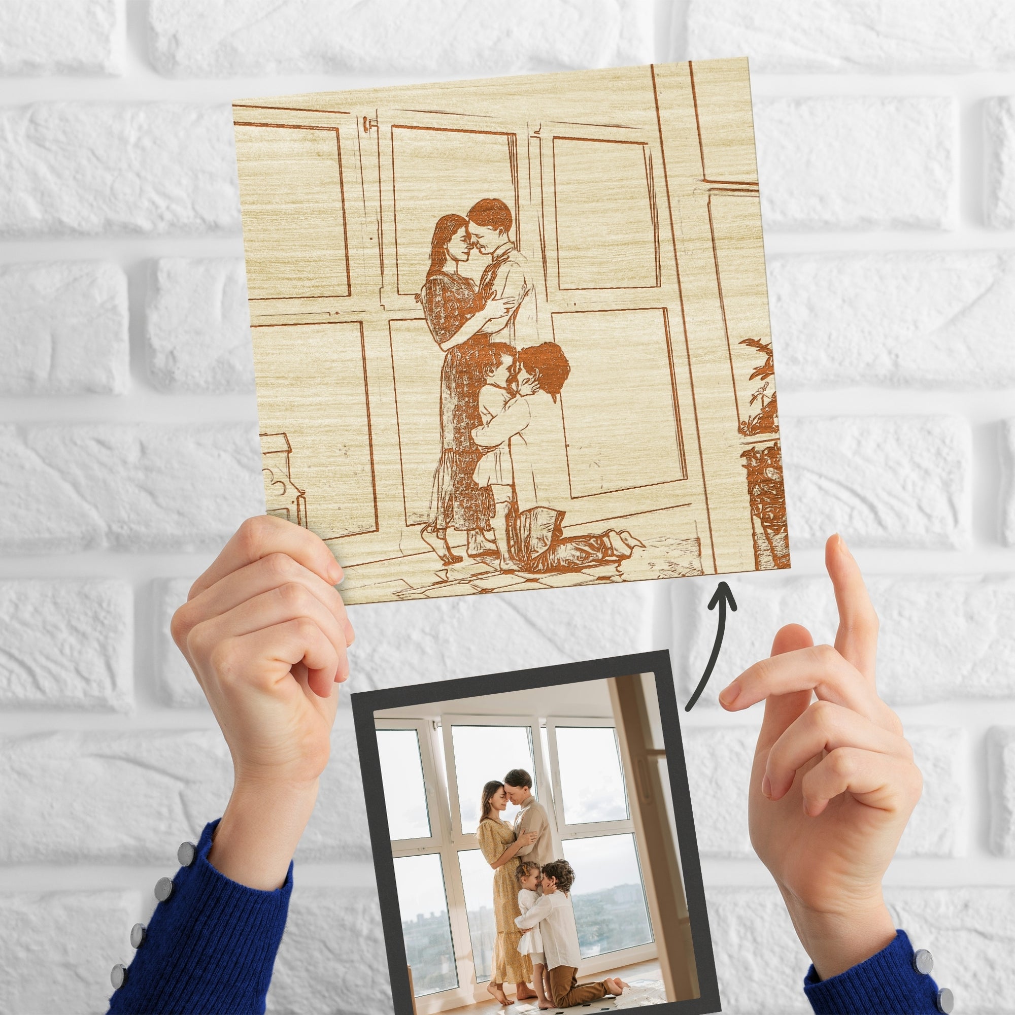 Personalised Wooden Sketch Photo Block, Custom Engraved Freestanding Table Square Display Memory, Image Gallery Wall Decor Housewarming Gift