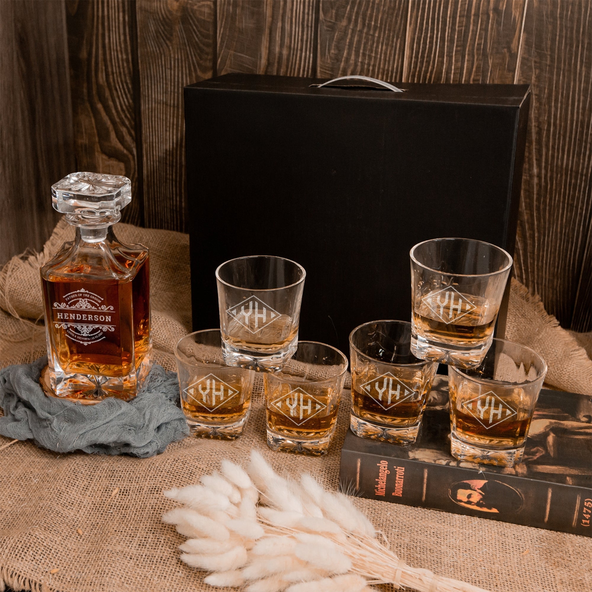 Personalised Square Whiskey Decanter & 6 Scotch Glasses Box Set , Custom Engraved Whisky Barware, Housewarming, Groomsmen, Dad Birthday Gift