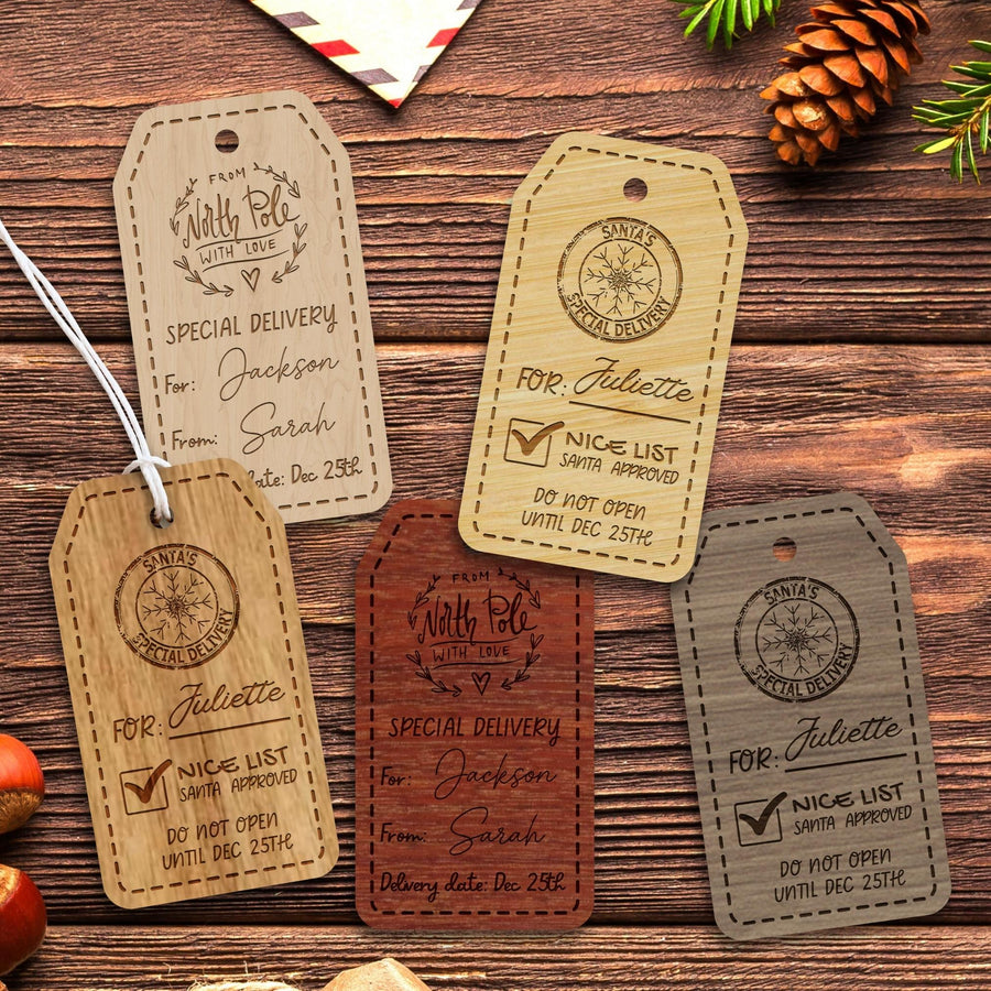 Custom Engraved Wooden/ Acrylic Christmas Gift Tags, Personalised Santa Special Delivery Present Swing Tag, North Pole Express Stocking Tag