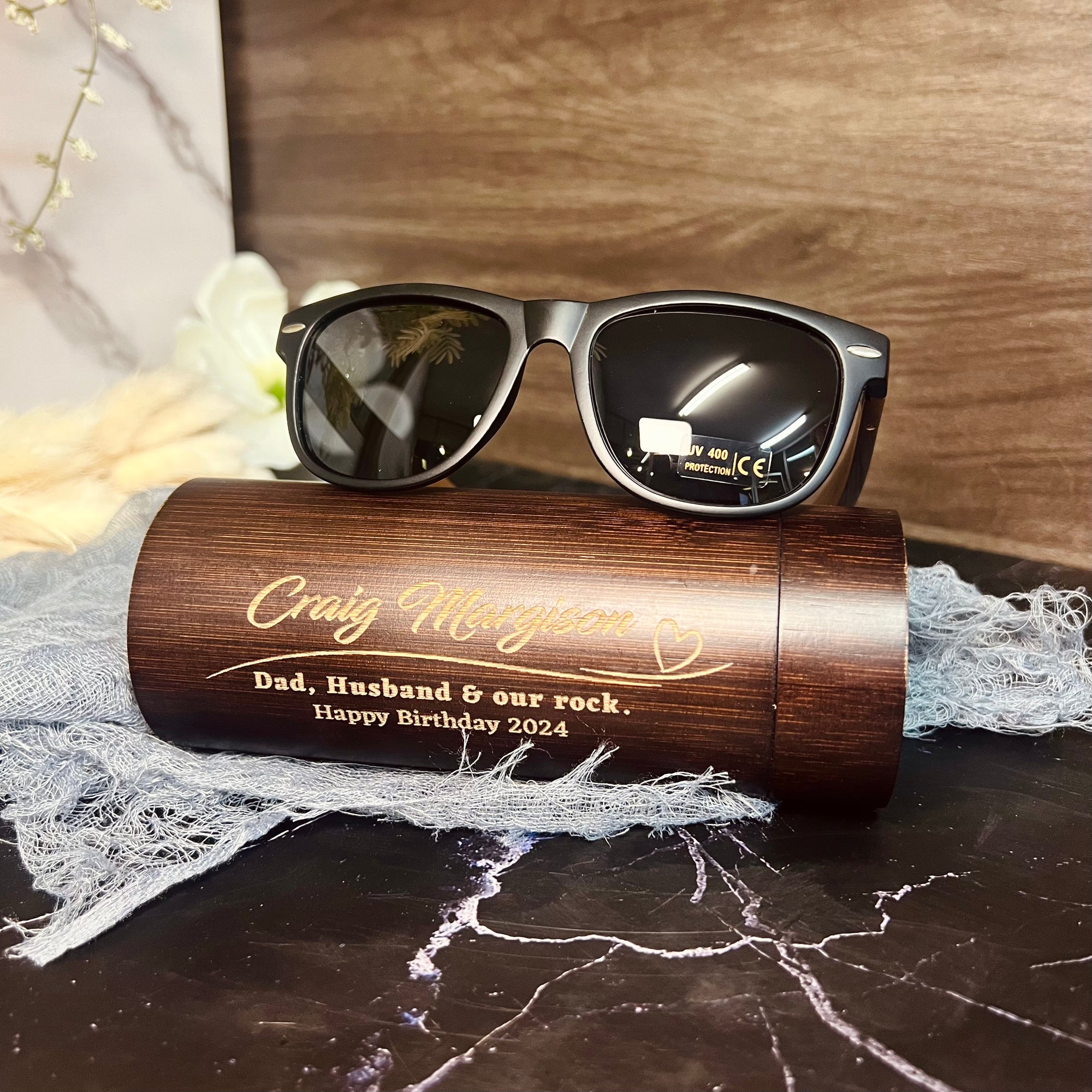 Personalised Wooden Polarised Sunglasses &amp; Walnut Cylinder Box, Custom Engraved Logo Eyeware Glasses Case, Groomsman Dad Gift Wedding Favour