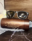 Personalised Wooden Polarised Sunglasses & Walnut Cylinder Box, Custom Engraved Logo Eyeware Glasses Case, Groomsman Dad Gift Wedding Favour