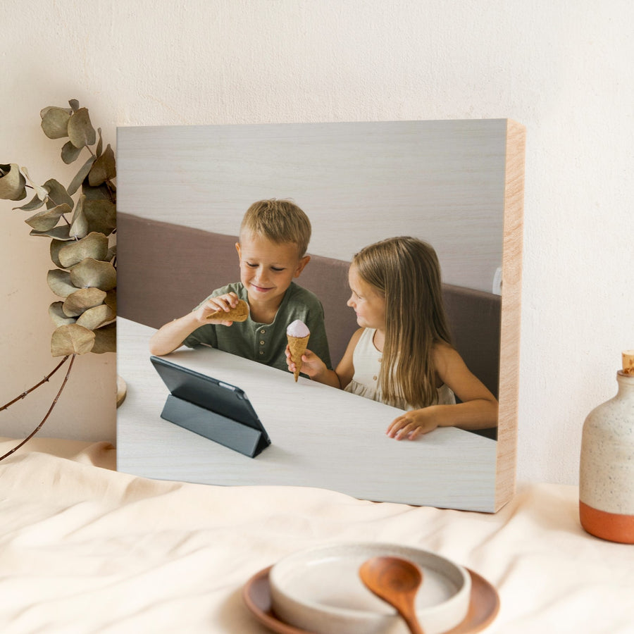Personalised Wooden Photo Block Square, Custom UV Print Freestanding Table Display Memory Blocks, Image Gallery Wall Decor Housewarming Gift