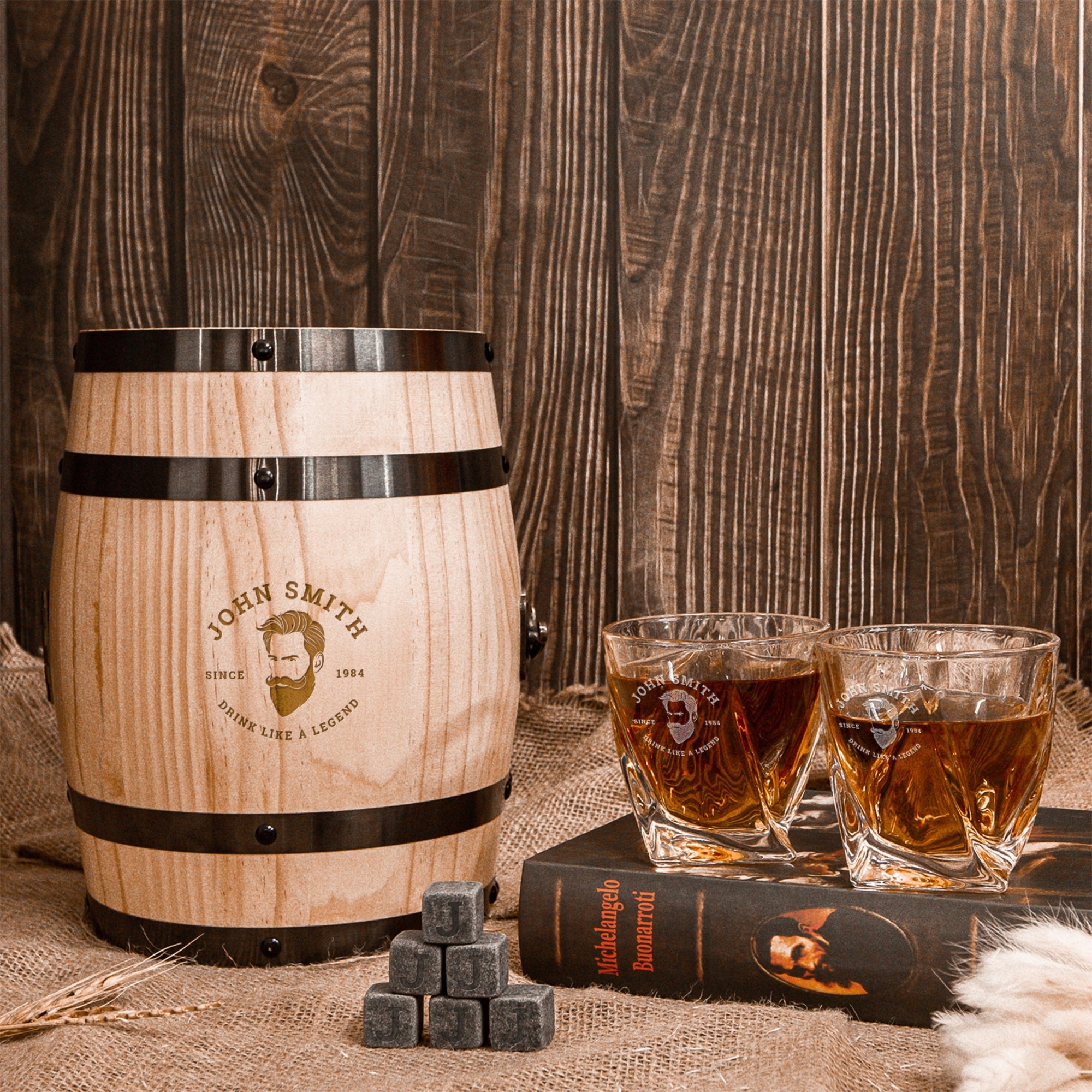 Personalised Wooden Barrel Whiskey Box, 2 Twisted Glasses, 6 Ice Stones | Custom Engraved Barware Set, Father, Groomsmen, Housewarming Gift 