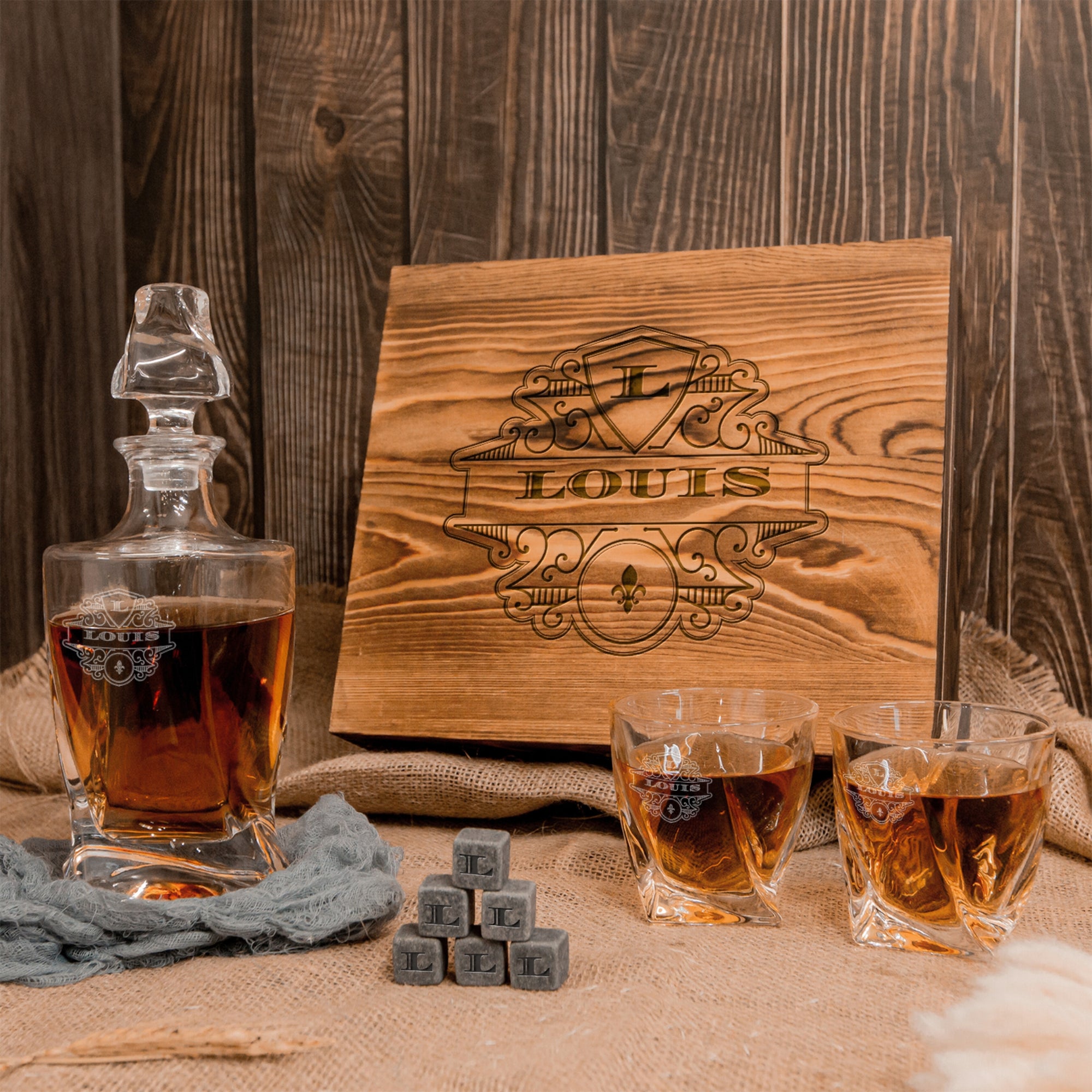 Engraved Whiskey Wooden Box - Twisted Decanter, 2 Scotch Glasses & 6 Ice Stones Personalised Barware Set, Groomsman, Father's Day, Xmas Gift