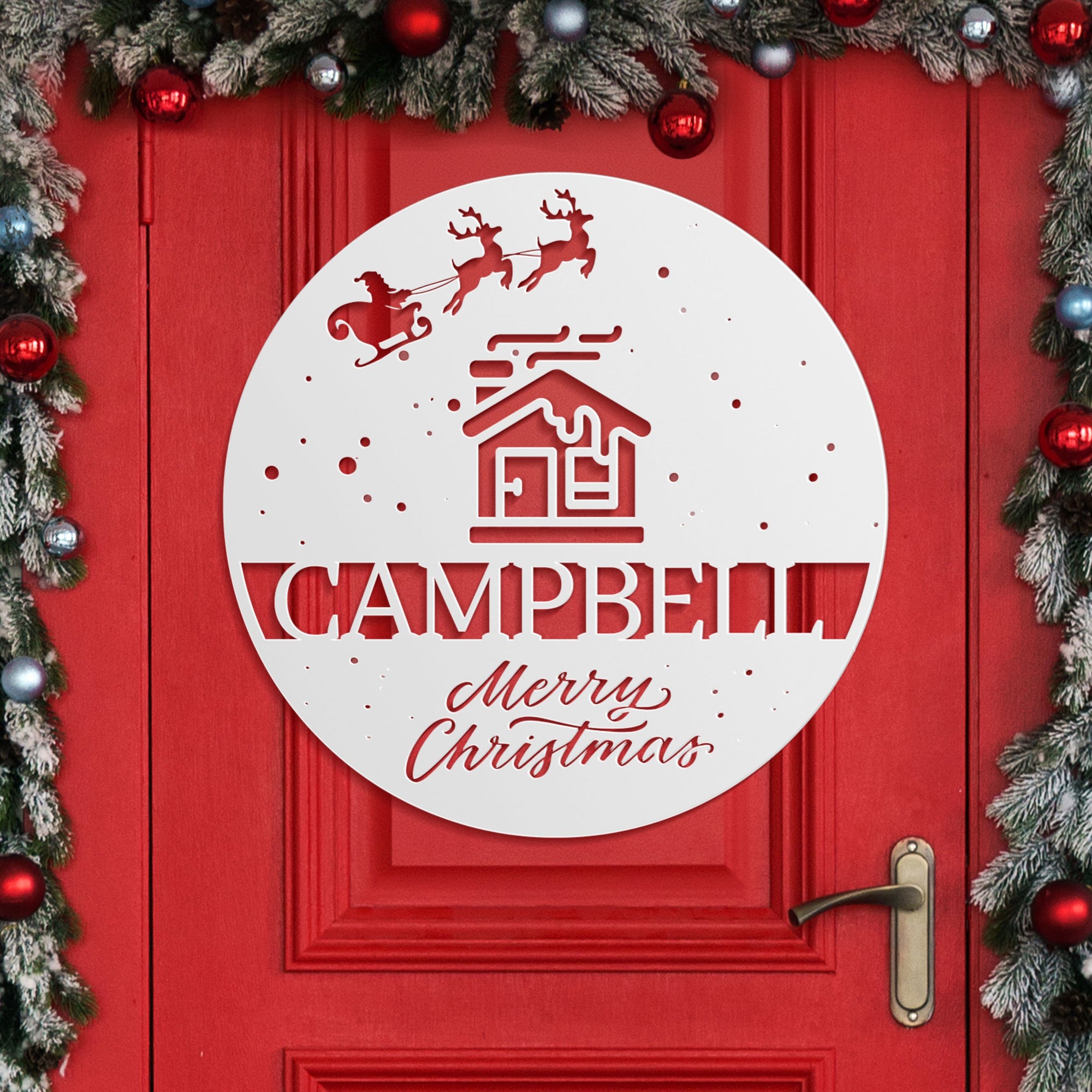 Custom Made Christmas at Family Name Sign Personalised Merry Xmas New Year Signage, Party Event Wall Hoop Backdrop Festive Wreath Door Decor