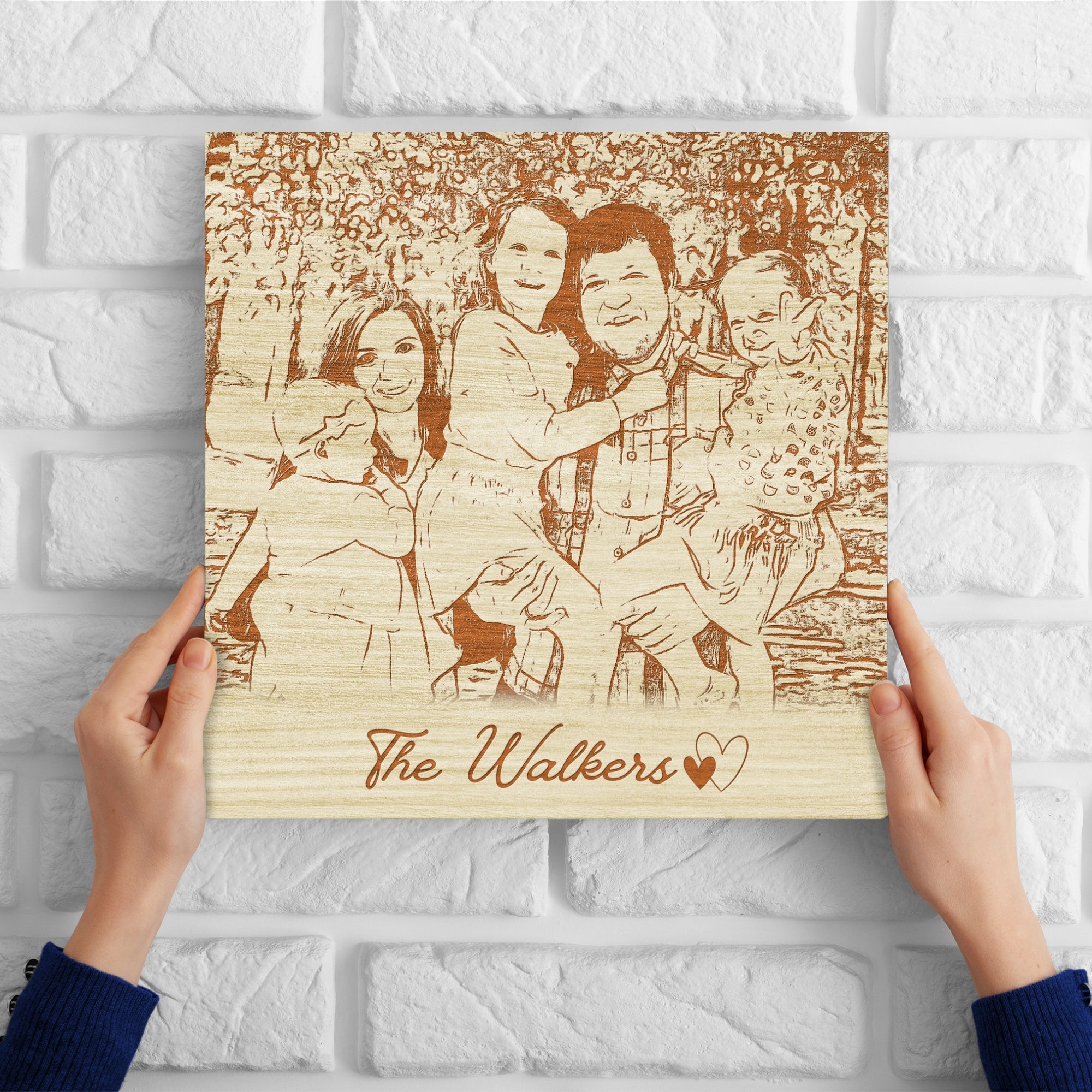 Personalised Wooden Sketch Photo Block, Custom Engraved Freestanding Table Square Display Memory, Image Gallery Wall Decor Housewarming Gift