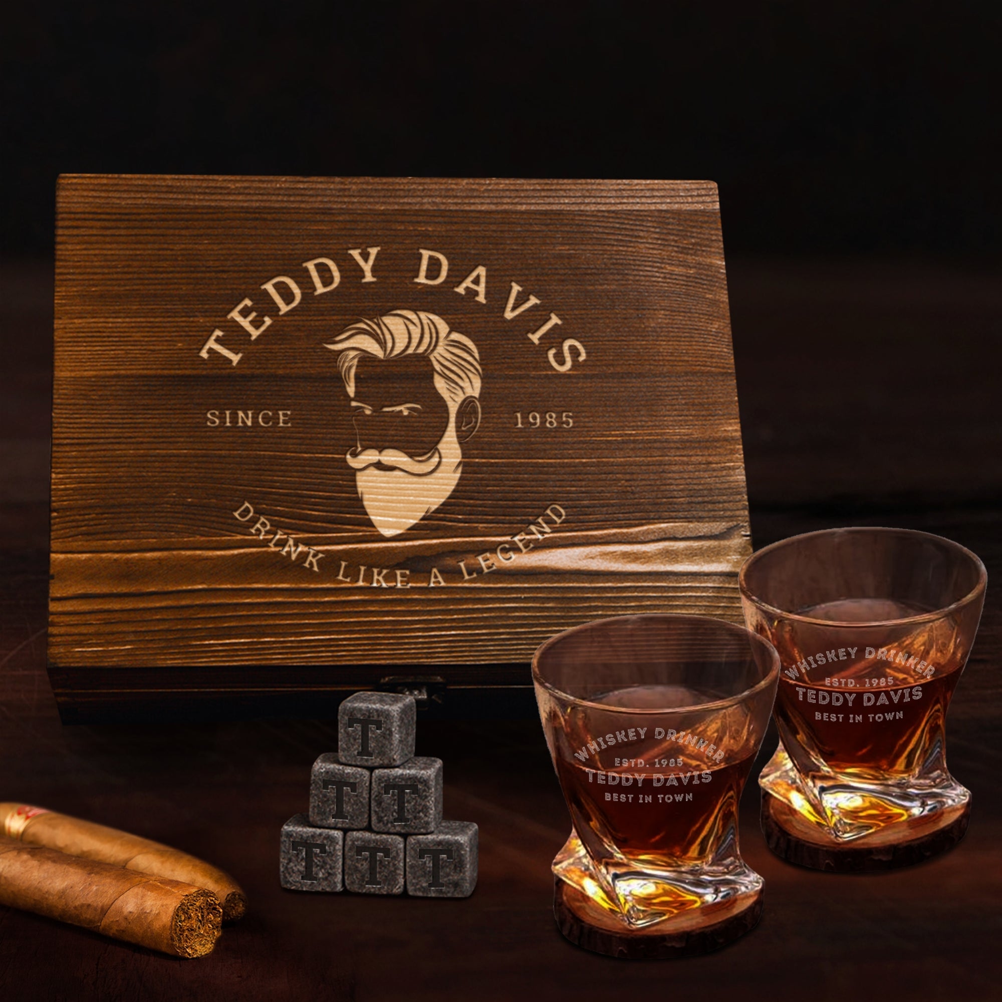 Custom Engraved Whiskey Wooden Box - 2 Twisted Scotch Glasses & 6 Rock Ice Stones, Personalised Barware Set, Groomsman, Father Birthday Gift