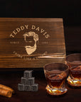 Custom Engraved Whiskey Wooden Box - 2 Twisted Scotch Glasses & 6 Rock Ice Stones, Personalised Barware Set, Groomsman, Father Birthday Gift