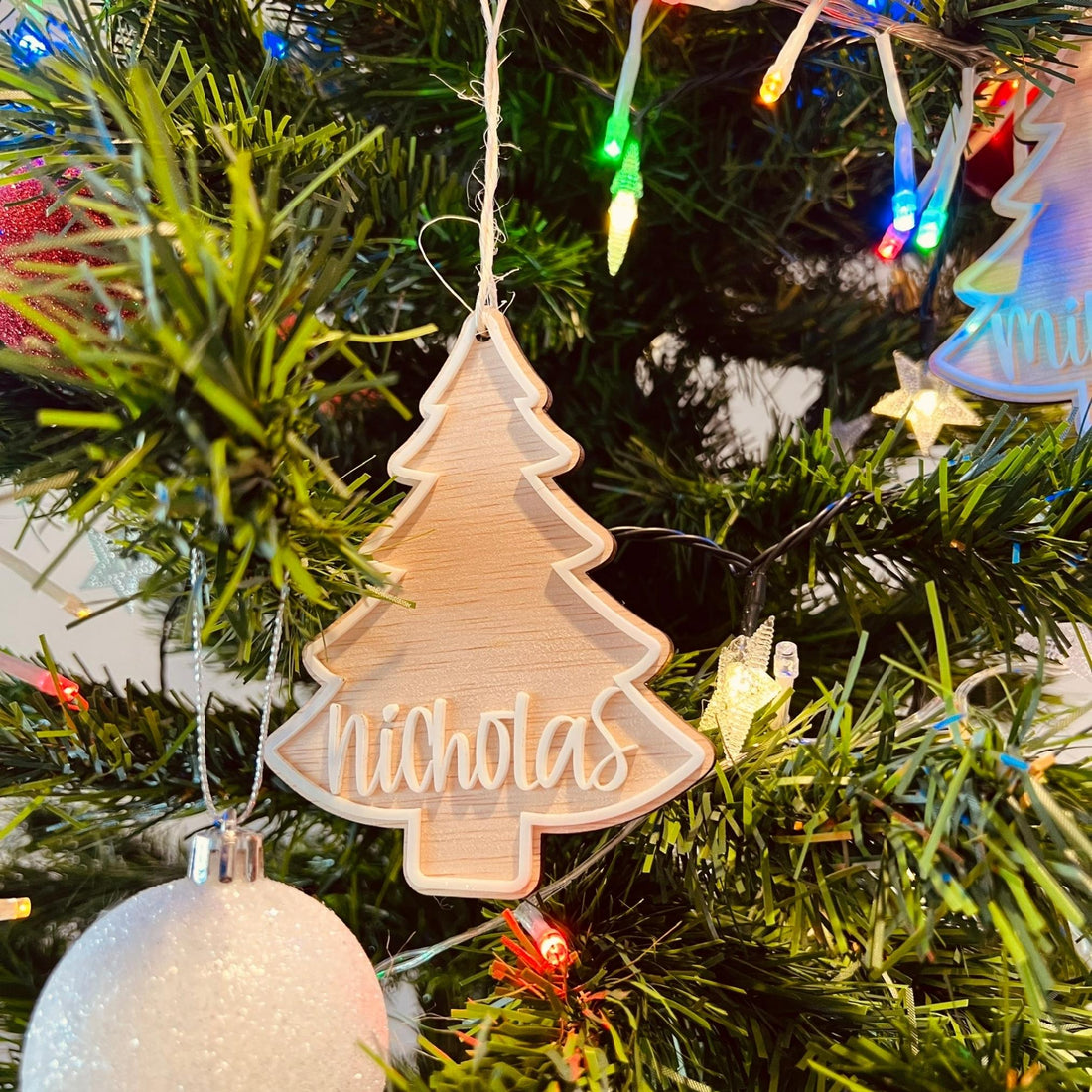Personalised Double Layer Wooden Christmas Bauble, Custom Engraved Name Hanging Tree Ornament, Xmas Decor Housewarming, Teacher Kid Gift Tag