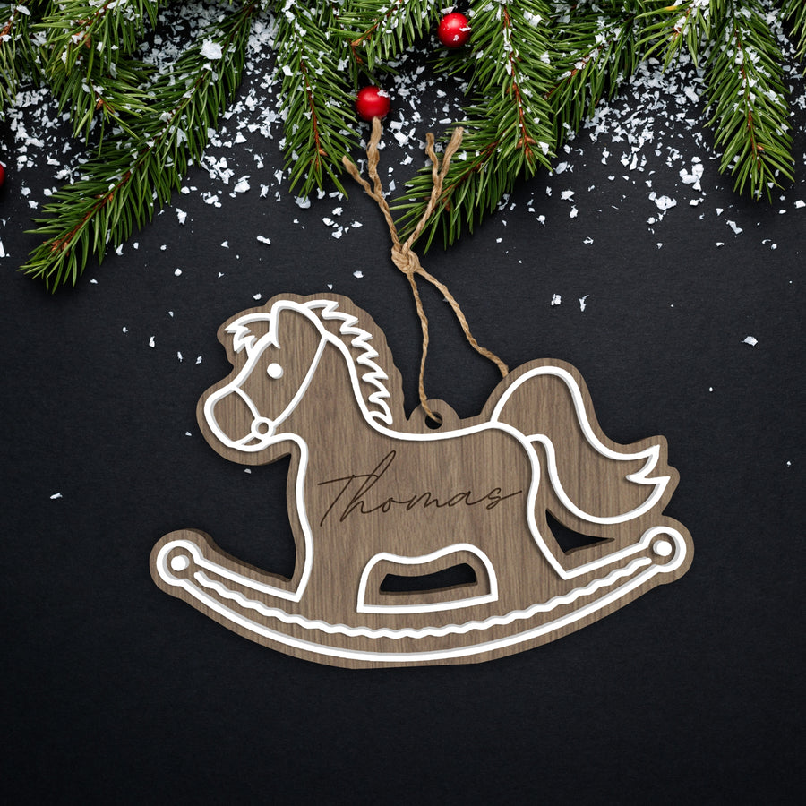 Personalised Double Layer Wooden Rocking Horse Christmas Bauble, Custom Engraved Name Hanging Tree Ornament Housewarming Xmas Decor Gift Tag
