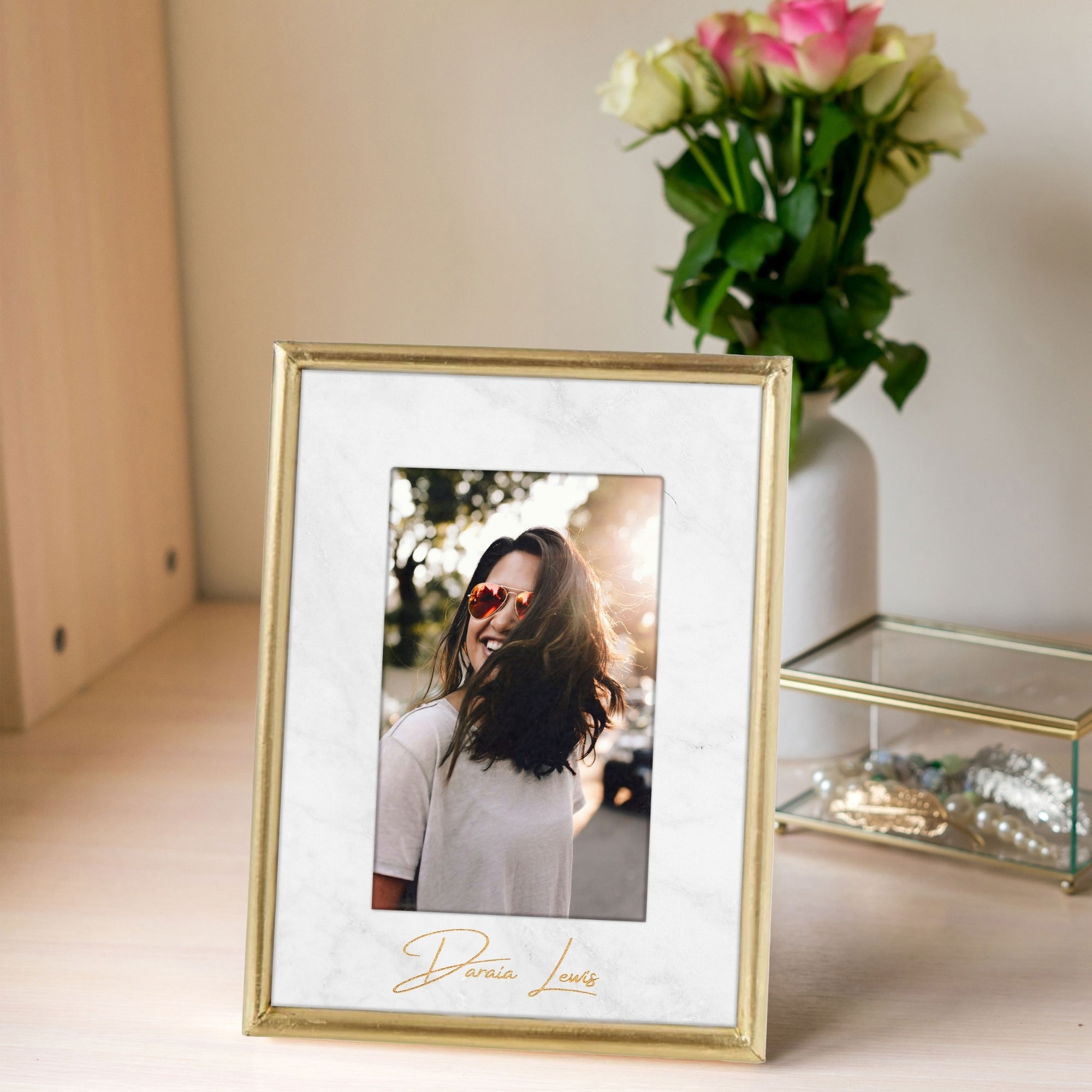 Personalised Marble, Brass 4&quot;x6&quot; Photo Frame, Custom Etched Memory Picture Table Display &amp; Metallic Colour Infill, Housewarming Wedding Gift