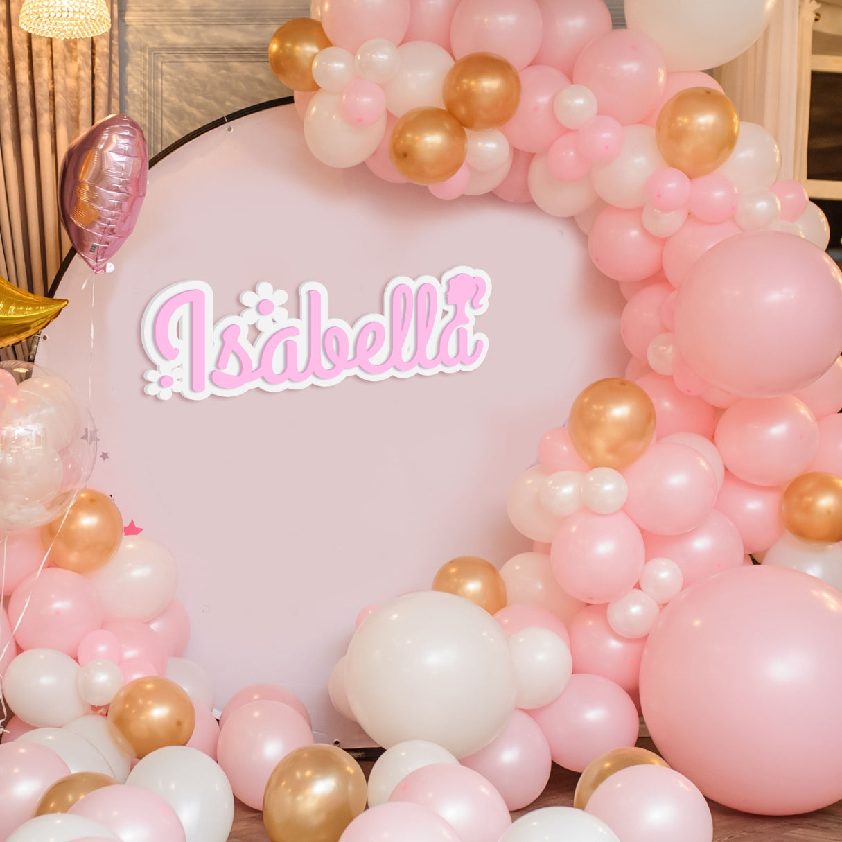 Custom Acrylic 3D Double Layer Barbie &amp; Flower Icon Script Name Sign, Personalised Mirror Kid Nursery Wall Decor, Wedding, Birthday, Bridal Shower Signage