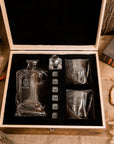 Engraved Whiskey Wooden Box - Twisted Decanter, 2 Scotch Glasses & 6 Ice Stones Personalised Barware Set, Groomsman, Father's Day, Xmas Gift