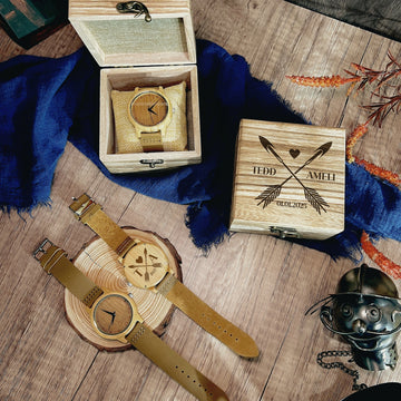 Personalised Unisex Bamboo Watch & Wooden Box, Custom Engraved Logo Jewellery Storage Holder, Groomsman, Dad, Mom, Corporate Gift