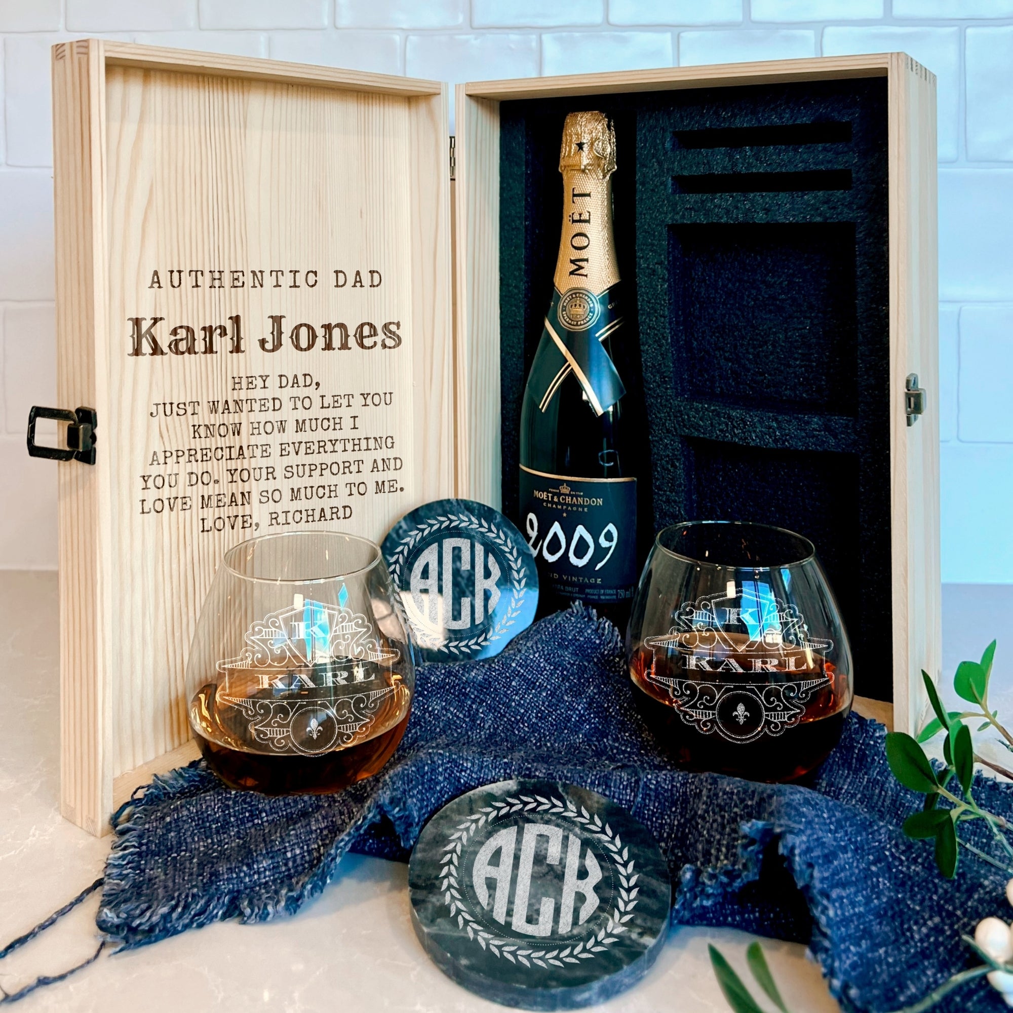 Personalised Pair Wine Glasses, Marble Coasters in Custom Etched Wooden Box, Groomsman Wedding, Birthday, Housewarming Anniversary Xmas Gift