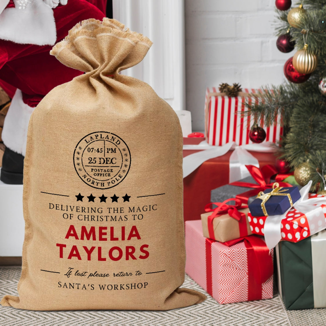 Personalised Christmas Kid Family Traditional Gift Sack, Customised Santa Workshop Toy Present Storage, Reusable Linen Jute Bag, Xmas Decor