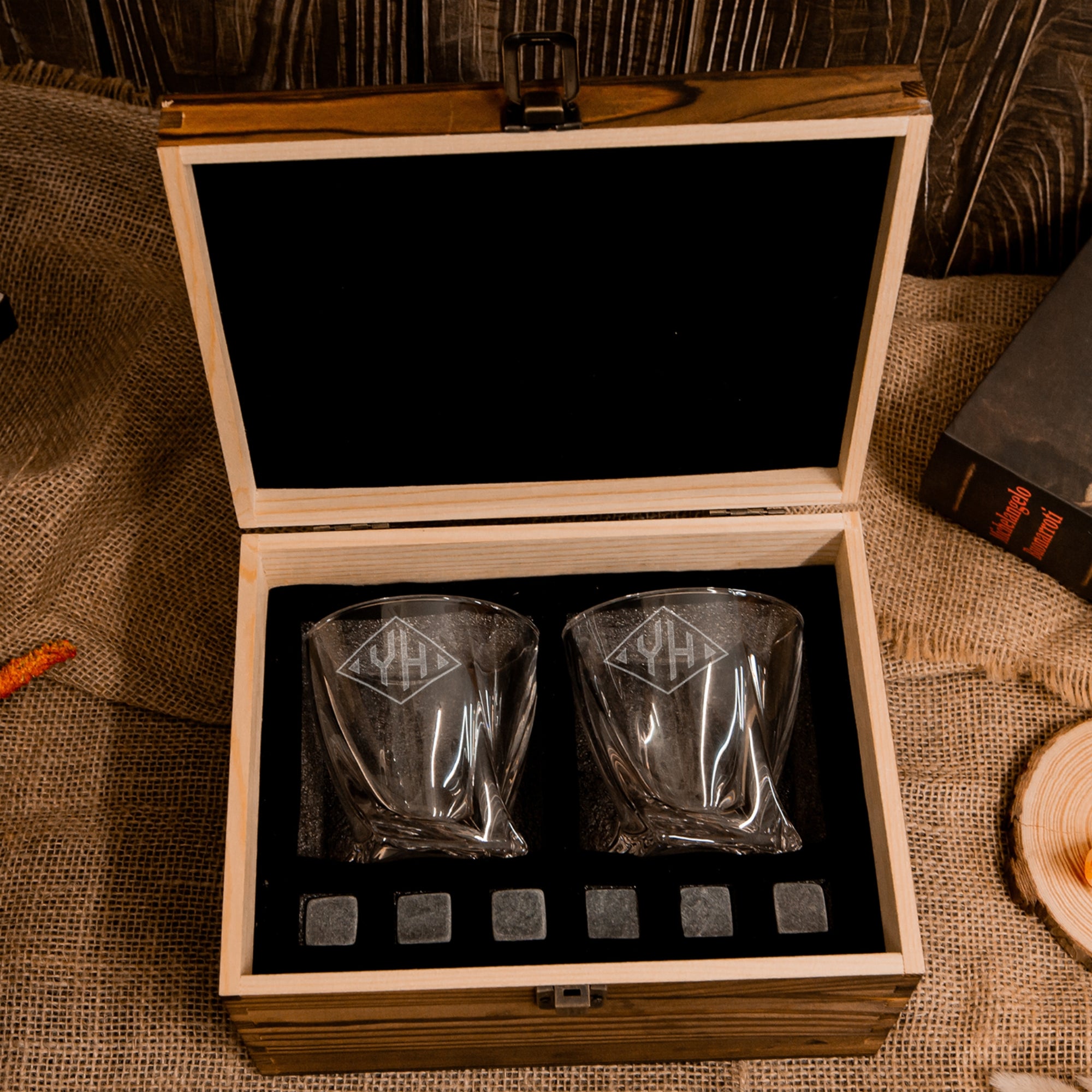 Custom Engraved Whiskey Wooden Box - 2 Twisted Scotch Glasses & 6 Rock Ice Stones, Personalised Barware Set, Groomsman, Father Birthday Gift