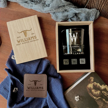 Personalised Wooden Whiskey Gift Box, Round Pattern Thick Base Glass, Ice Stones, Coaster, Custom Engraved Wedding Barware, Groomsman Gift
