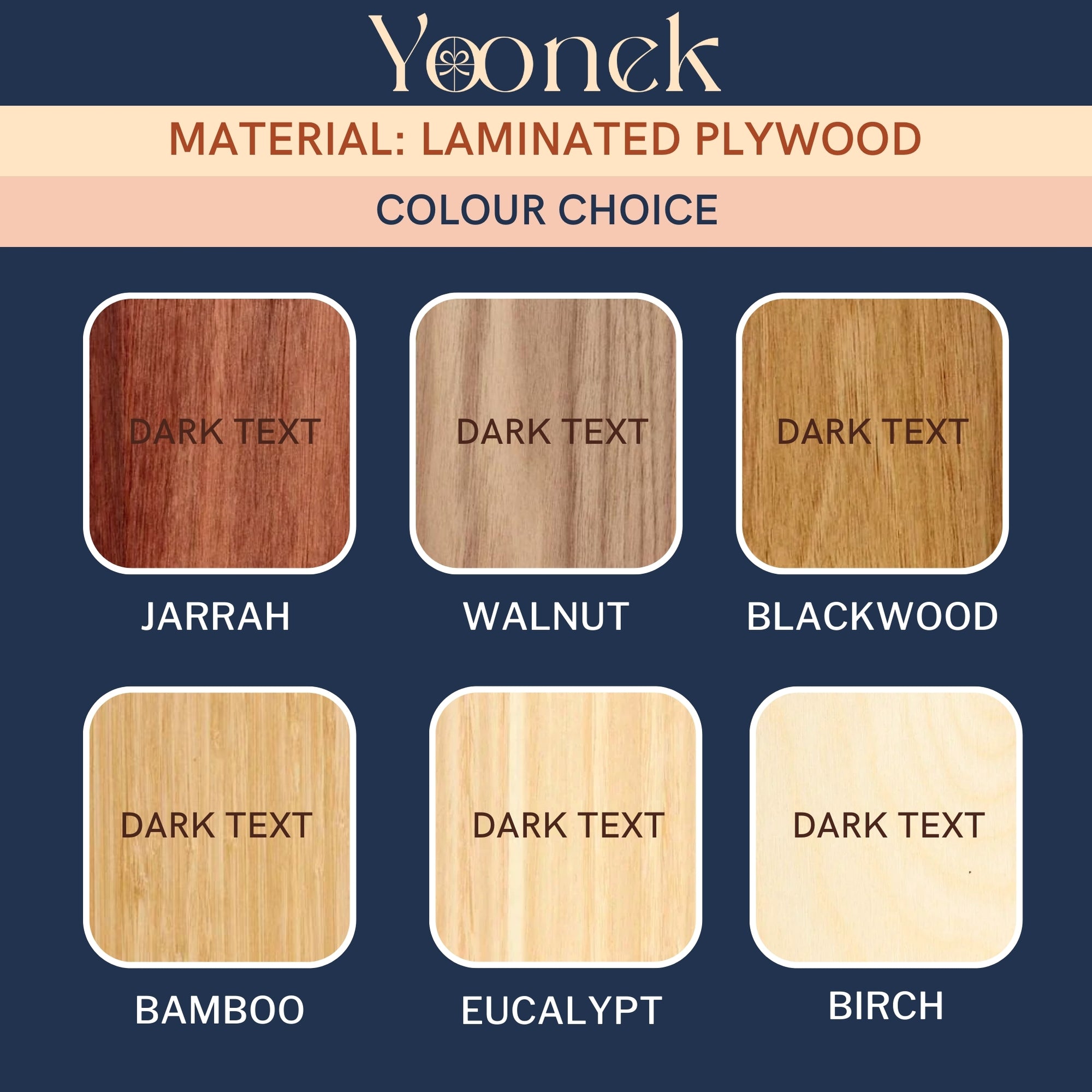 A selection of personalized name and message mirror acrylic/wooden gift card holders in various colors, with the Yoonek brand logo at the top.