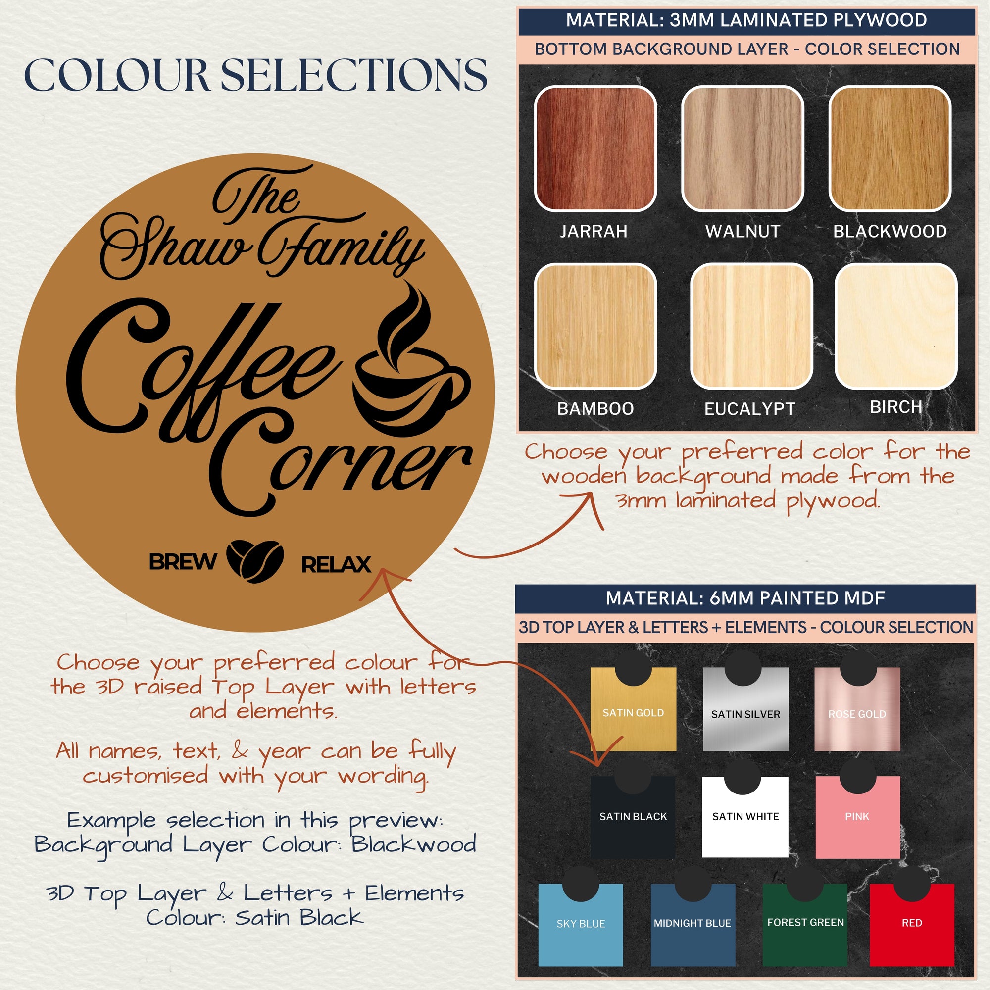Color selection chart for a coffee corner sign with wood color options and paint color swatches.