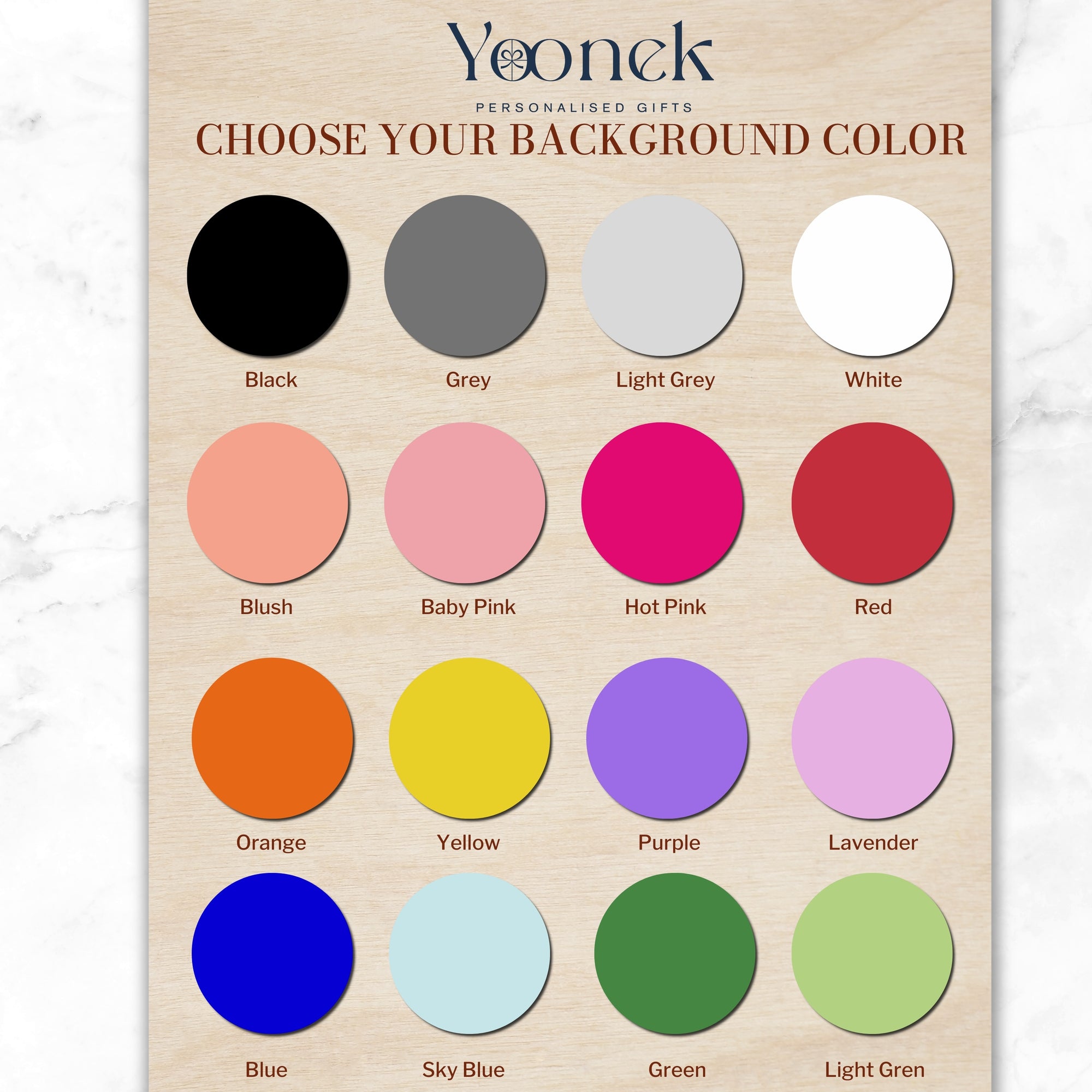 Color swatch for personalized gifts with Yoonek branding