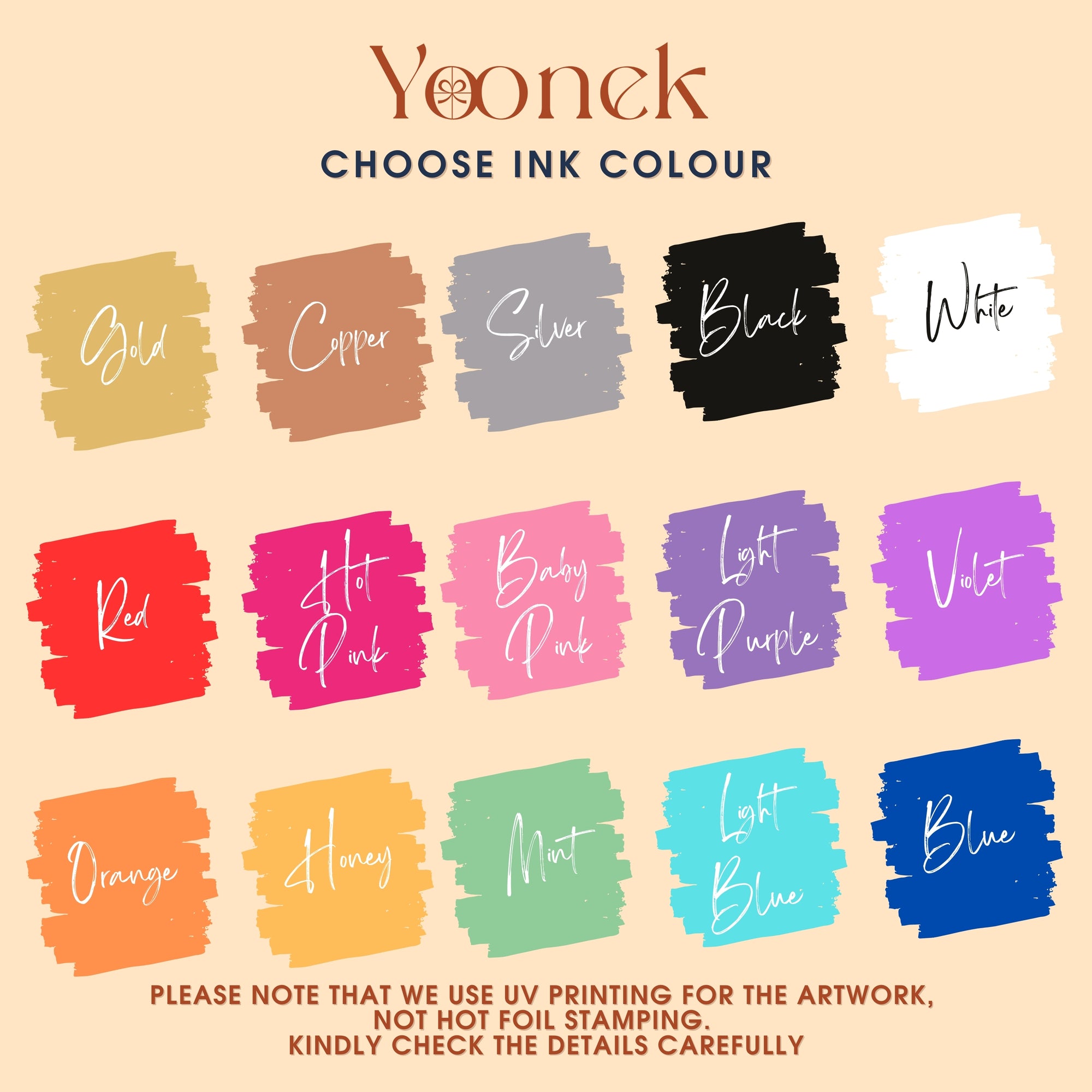 Color swatches for ink colors with 'Yoonek' branding