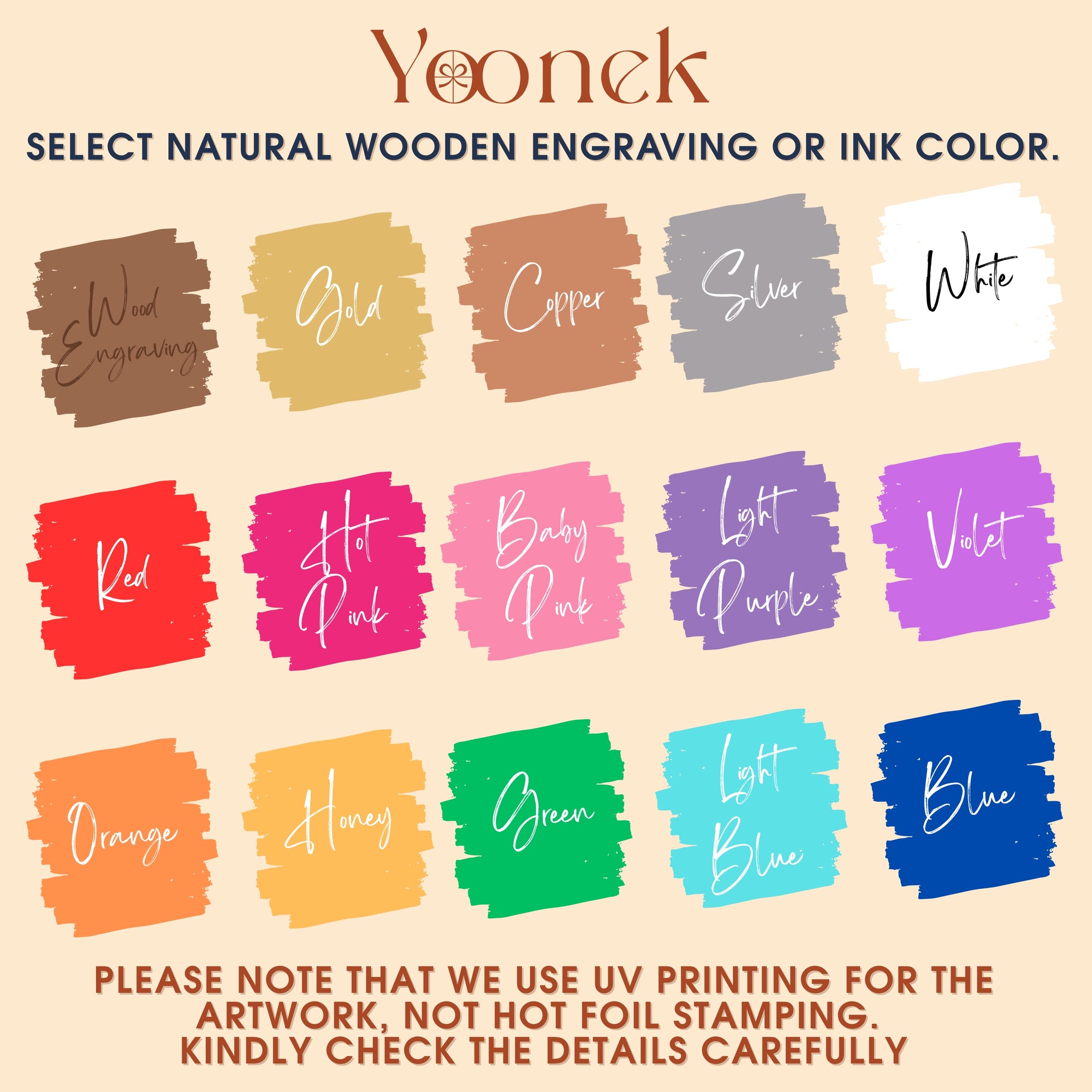 Color swatches for natural wooden engraving or ink color selection by Yoonek, with text indicating UV printing details.