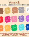 Color swatches for natural wooden engraving or ink color selection by Yoonek, with text indicating UV printing details.