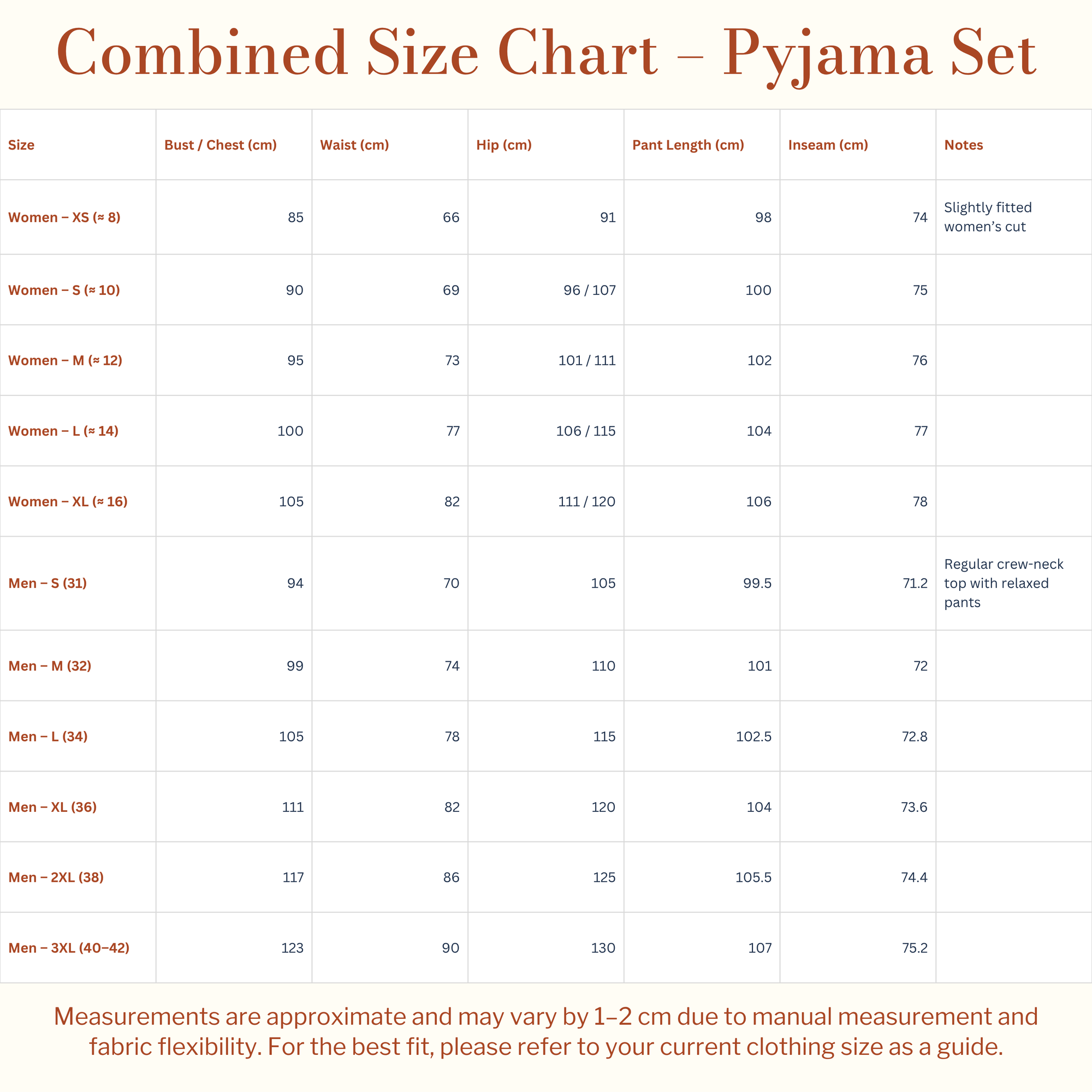 Combined Size Chart - PJ Set