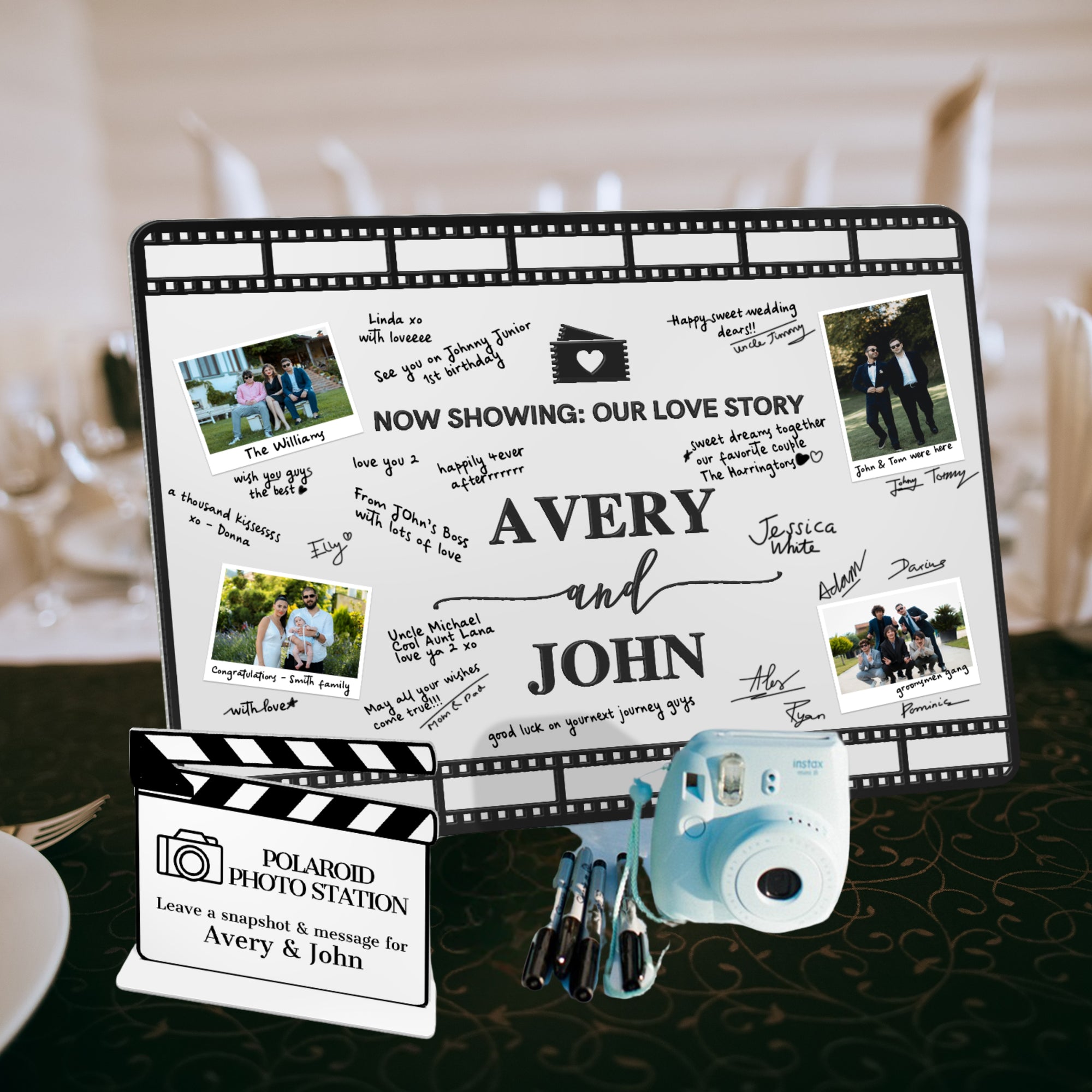 Custom 3D Acrylic White Wedding Cinefilm Guest Book Alternative, Personalised Couple Name &amp; Date Instax Polaroid Photo Sign, Welcome Signage