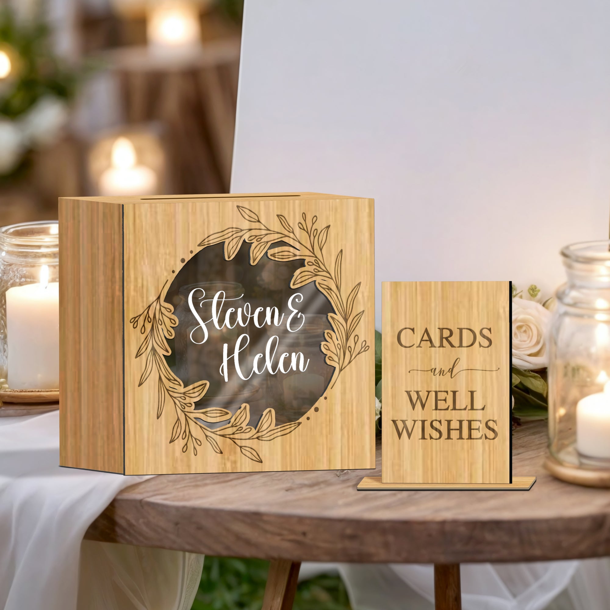 Custom Wooden Acrylic Square Wishing Well Box &amp; Sign, Personalised Name Date Money, Envelope Card Boxes, Rustic Wedding Memory Keepsake Gift