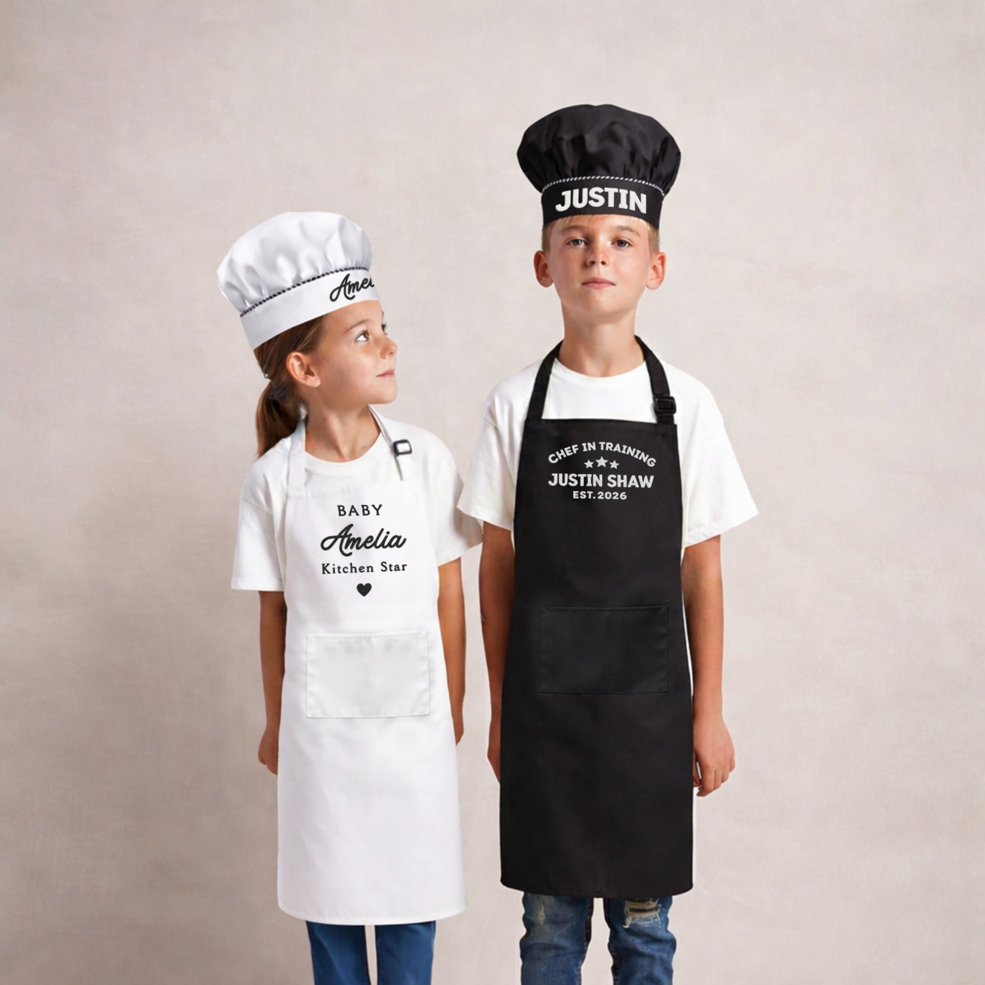 Custom Embroidered 6+ Kid Apron & Chef’s Hat, Personalised Junior Sous Kitchen Helper, Little Baby Baker Children Birthday Housewarming Gift