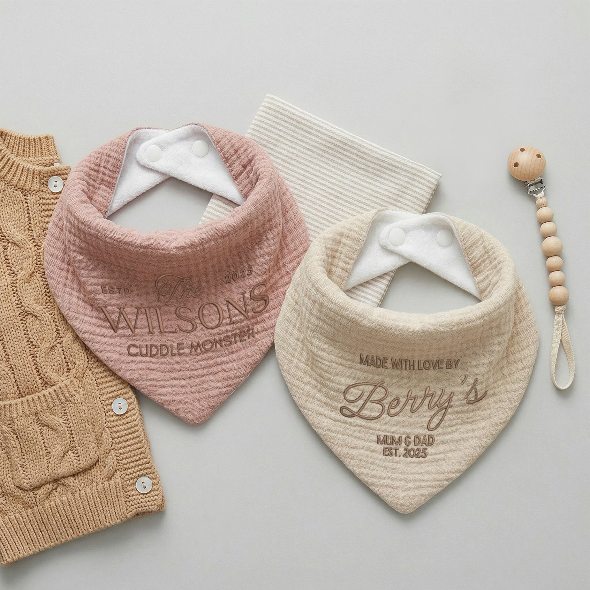 Custom Embroidered Adjustable Muslin Baby Bandana Bib, Personalised Drool Scarf, Birthday Shower, Christening, Teething Feeding Newborn Gift