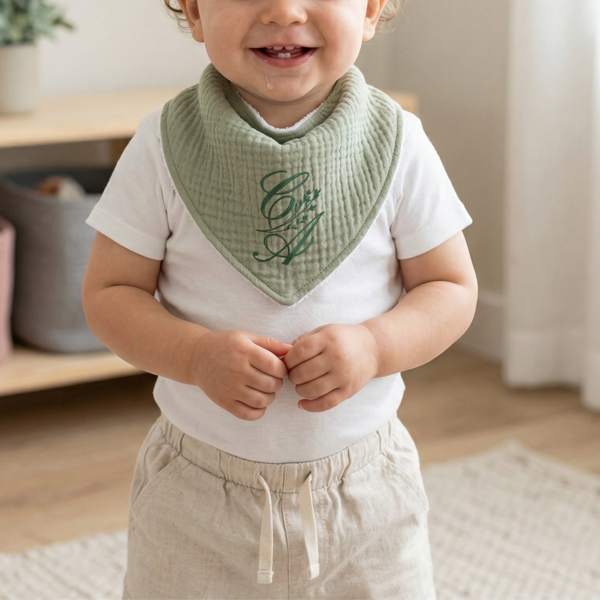 Custom Embroidered Adjustable Muslin Baby Bandana Bib, Personalised Drool Scarf, Birthday Shower, Christening, Teething Feeding Newborn Gift