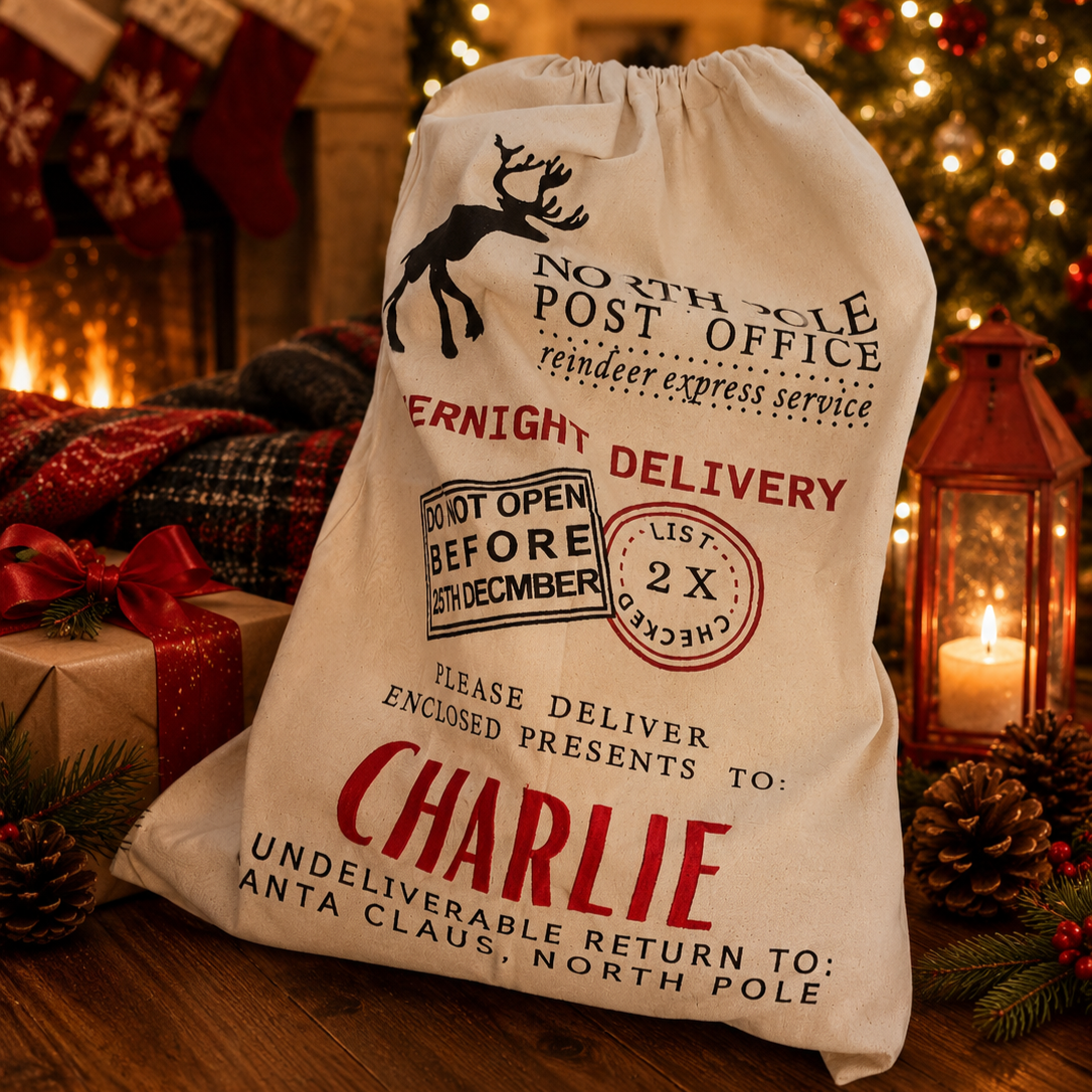 Custom Embroidered Canvas North Pole Delivery Christmas Bag, Personalised Xmas Santa Sack, Holiday Decor, Family Kid Gift Drawstring Storage