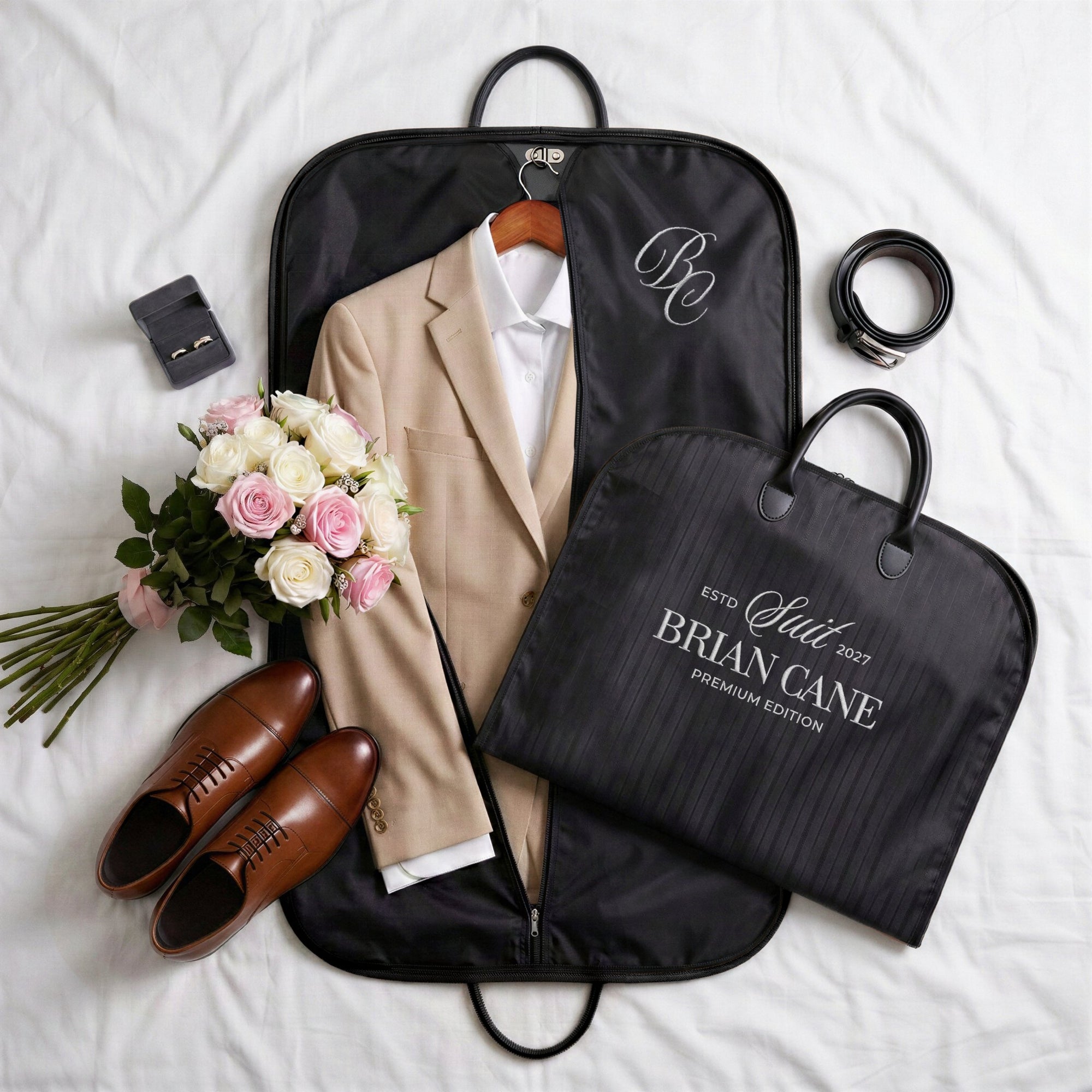 Custom Embroidered Carry Striped Suit Bag Personalised Travel Garment Zipper Storage, Business Vest Formal Clothing Organiser Groomsman Gift