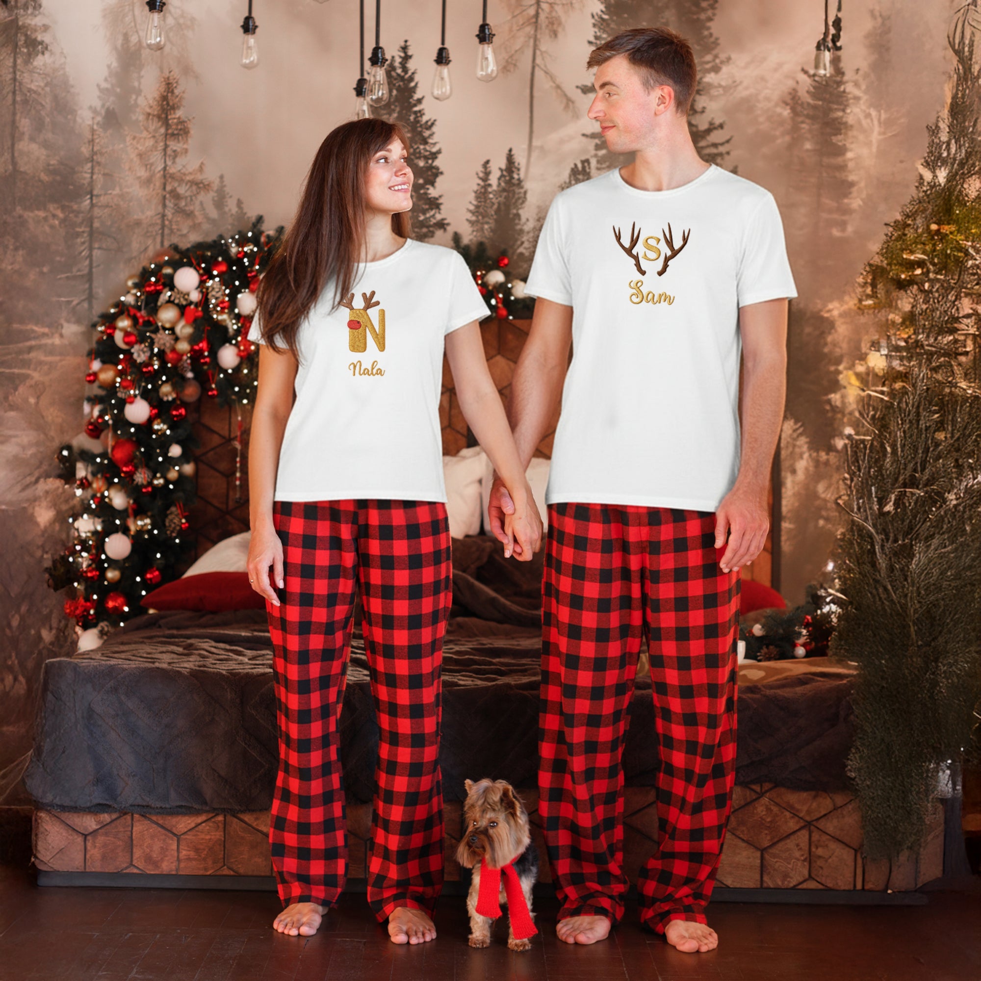 Custom Embroidered Christmas PJ Set, Personalised Name White T-shirt & Red Black Plaid Pants Couple Match Xmas Pyjama Festive Holiday Outfit