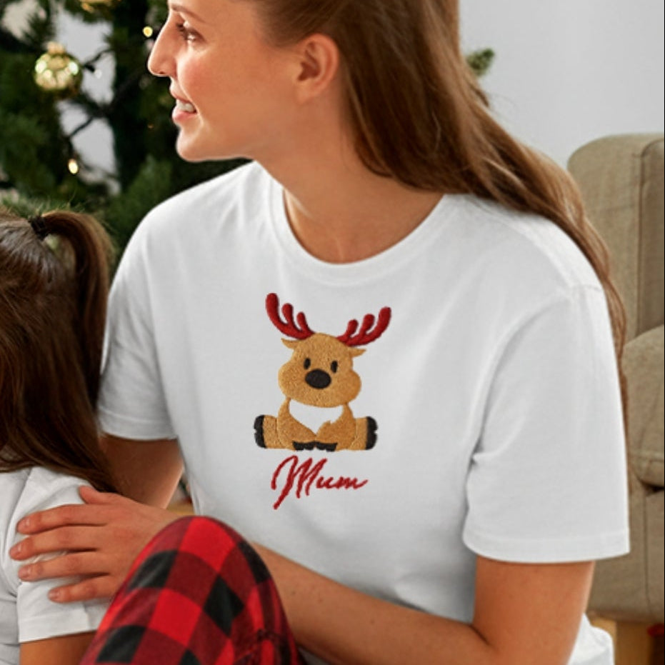 Custom Embroidered Christmas PJ Set, Personalised Name White T-shirt &amp; Red Black Plaid Pants Couple Match Xmas Pyjama Festive Holiday Outfit