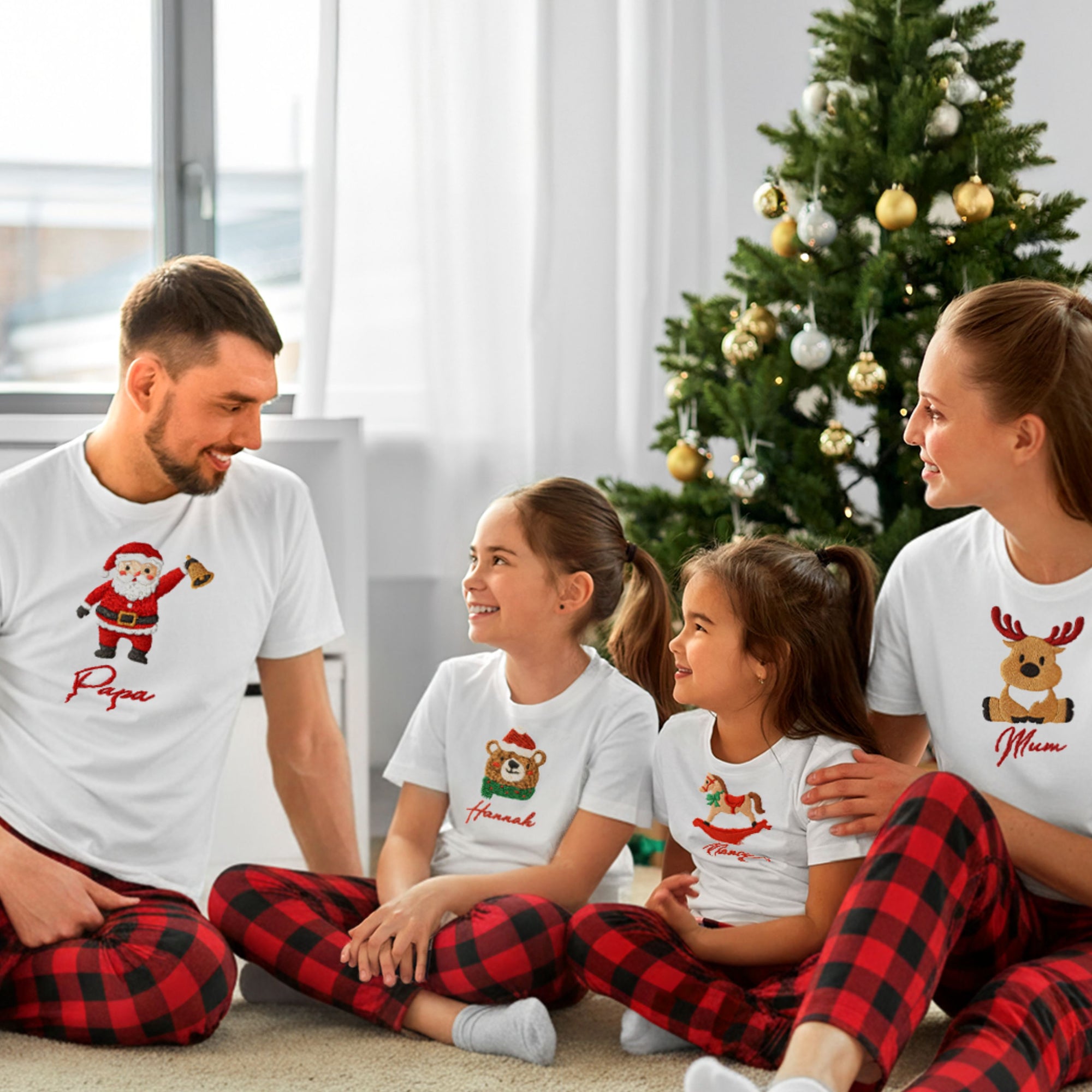 Custom Embroidered Family Christmas White T-Shirt, Personalised Name Matching Xmas Tee Women, Men, Kids Teens, Festive Decor, Holiday Outfit