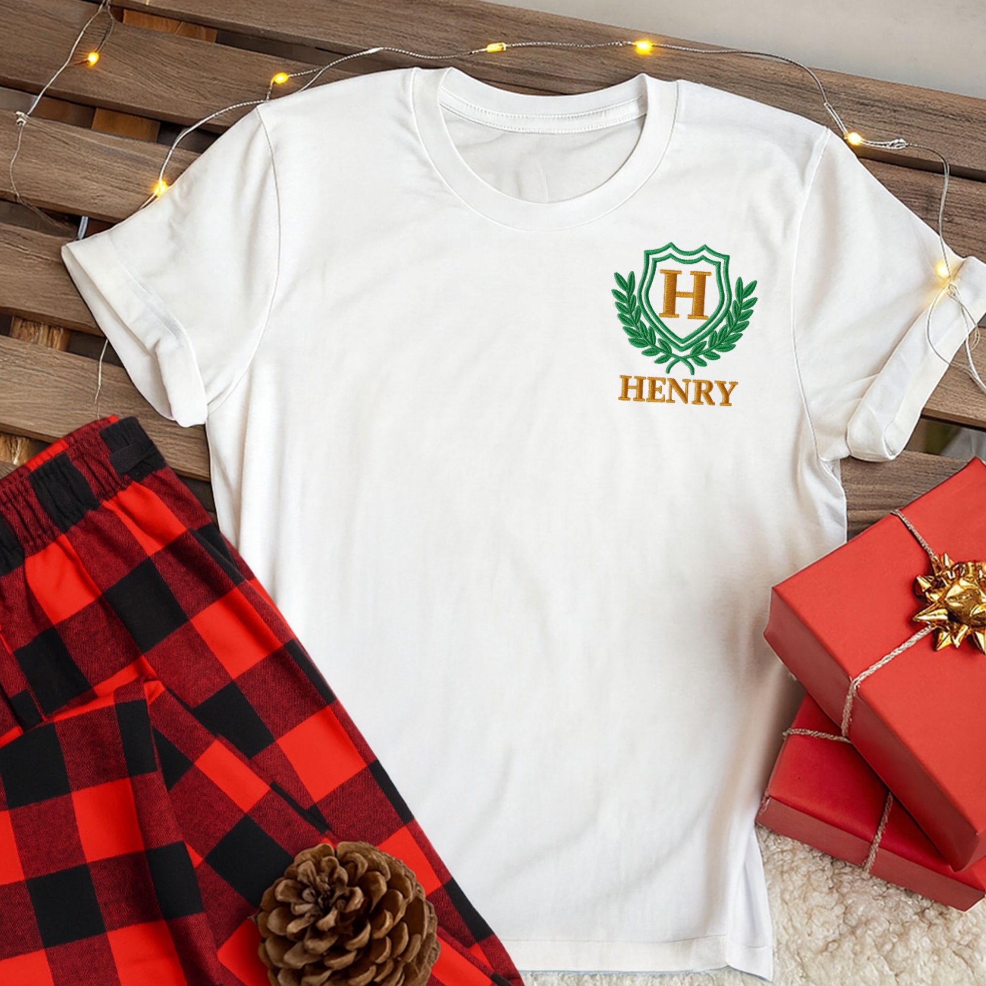 Custom Embroidered Family Christmas White T-Shirt, Personalised Name Matching Xmas Tee Women, Men, Kids Teens, Festive Decor, Holiday Outfit