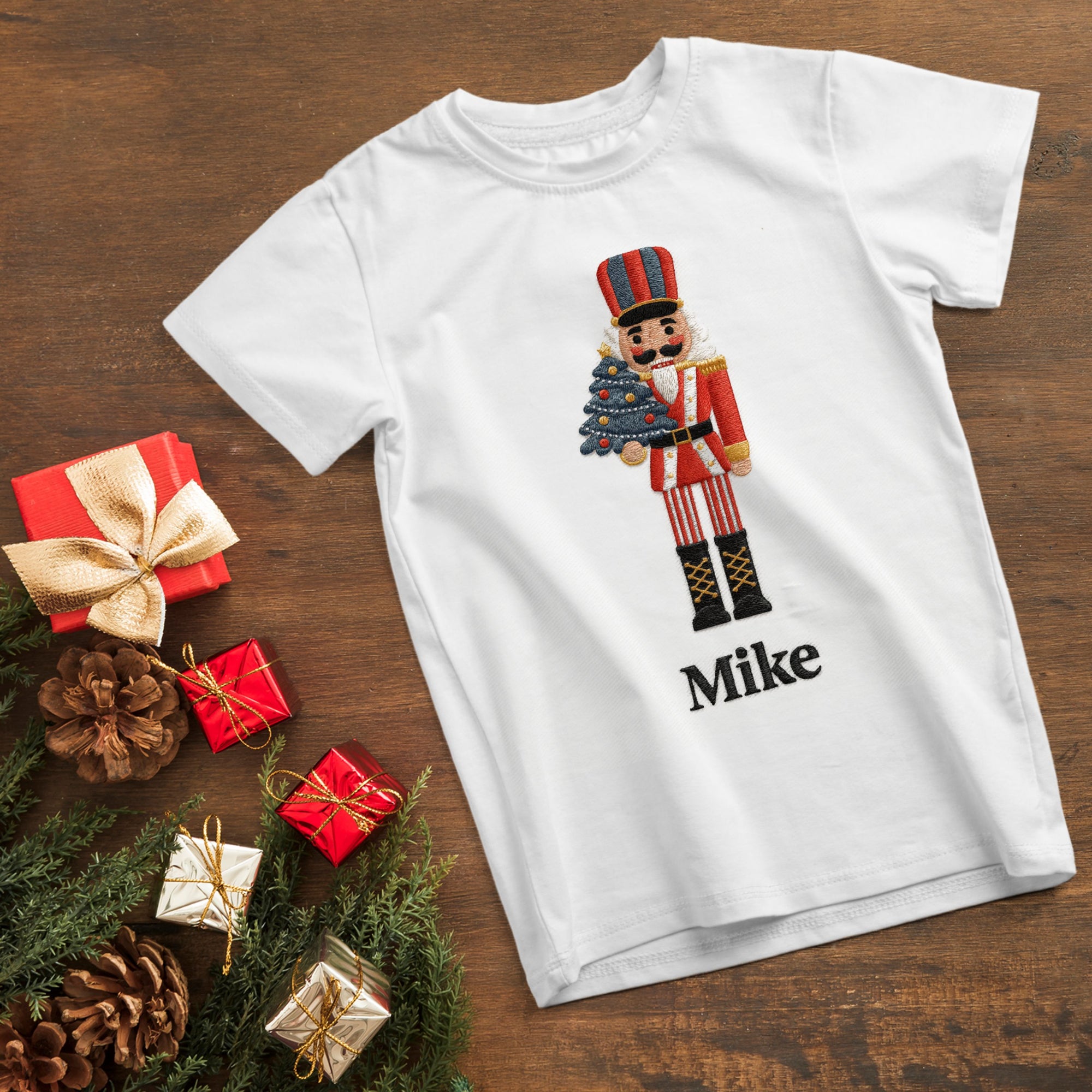 Custom Embroidered Family Christmas White T-Shirt, Personalised Name Matching Xmas Tee Women, Men, Kids Teens, Festive Decor, Holiday Outfit