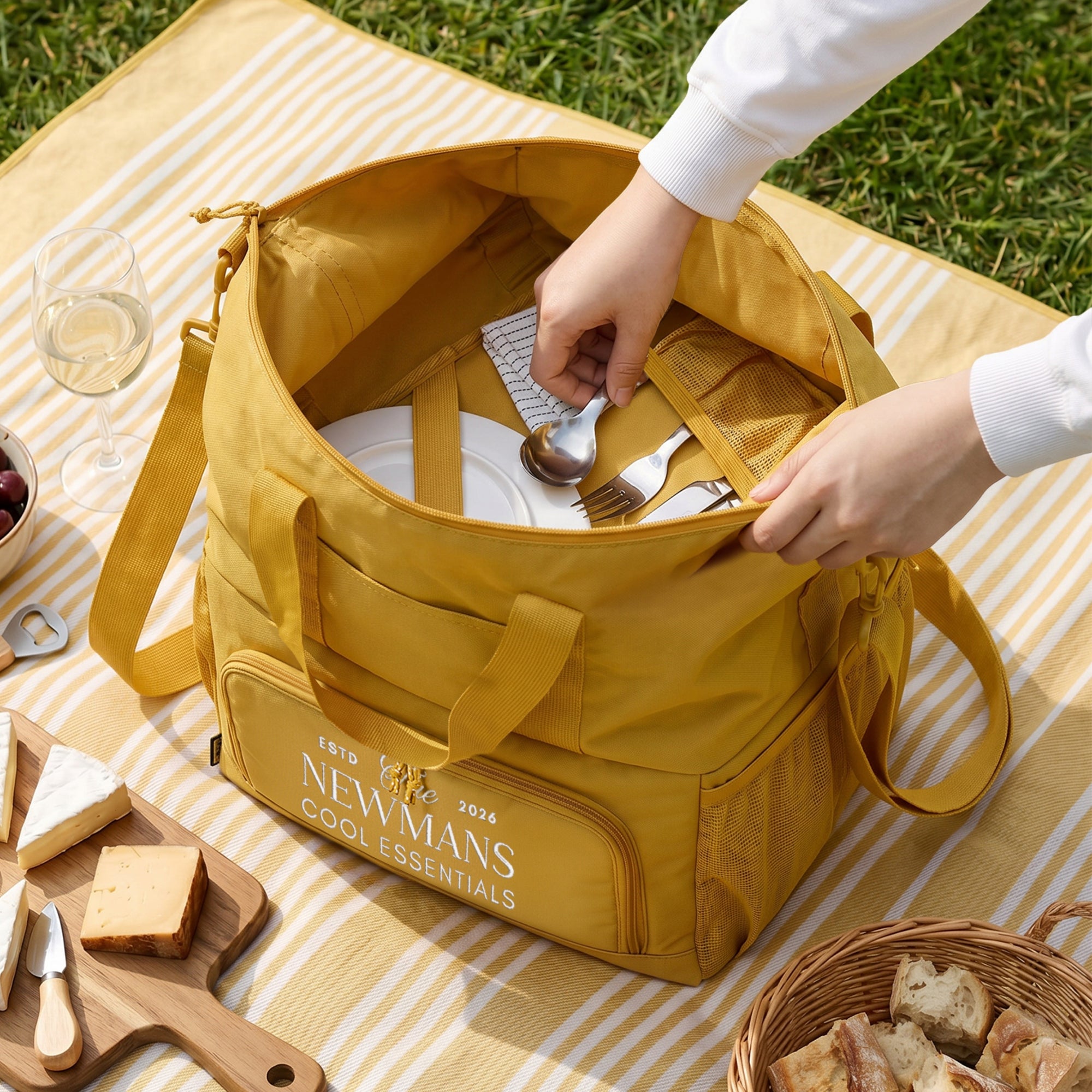 Custom Embroidered Insulated Picnic Cooler Bag & Shoulder Strap, Handles; Personalised Camping, Beach, Boating Trip Concert, Grocery Storage