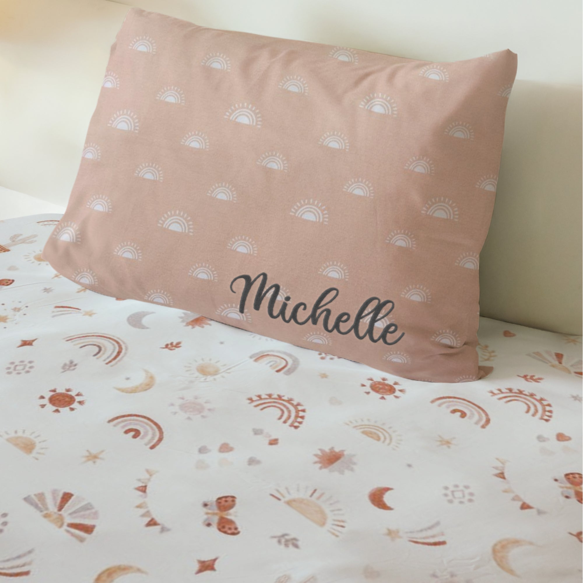 Custom Embroidered Organic Pillowcase &amp; Port-a-Cot Sheet Set, Personalised Infant Baby Girl Name Crib Sleep Cover, Christening Birthday Gift