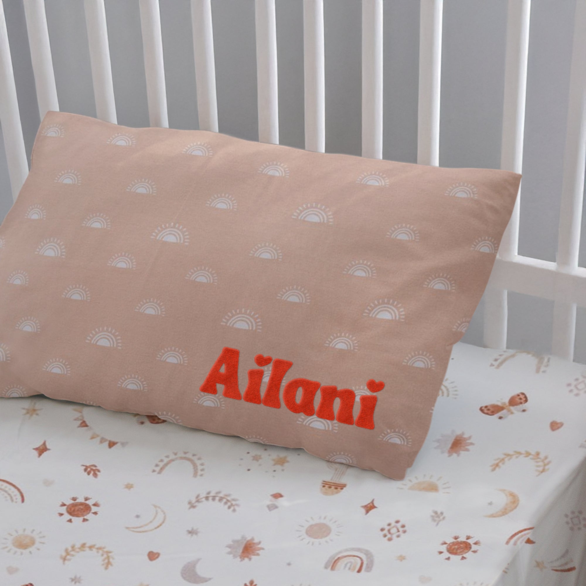 Custom Embroidered Organic Pillowcase &amp; Port-a-Cot Sheet Set, Personalised Infant Baby Girl Name Crib Sleep Cover, Christening Birthday Gift
