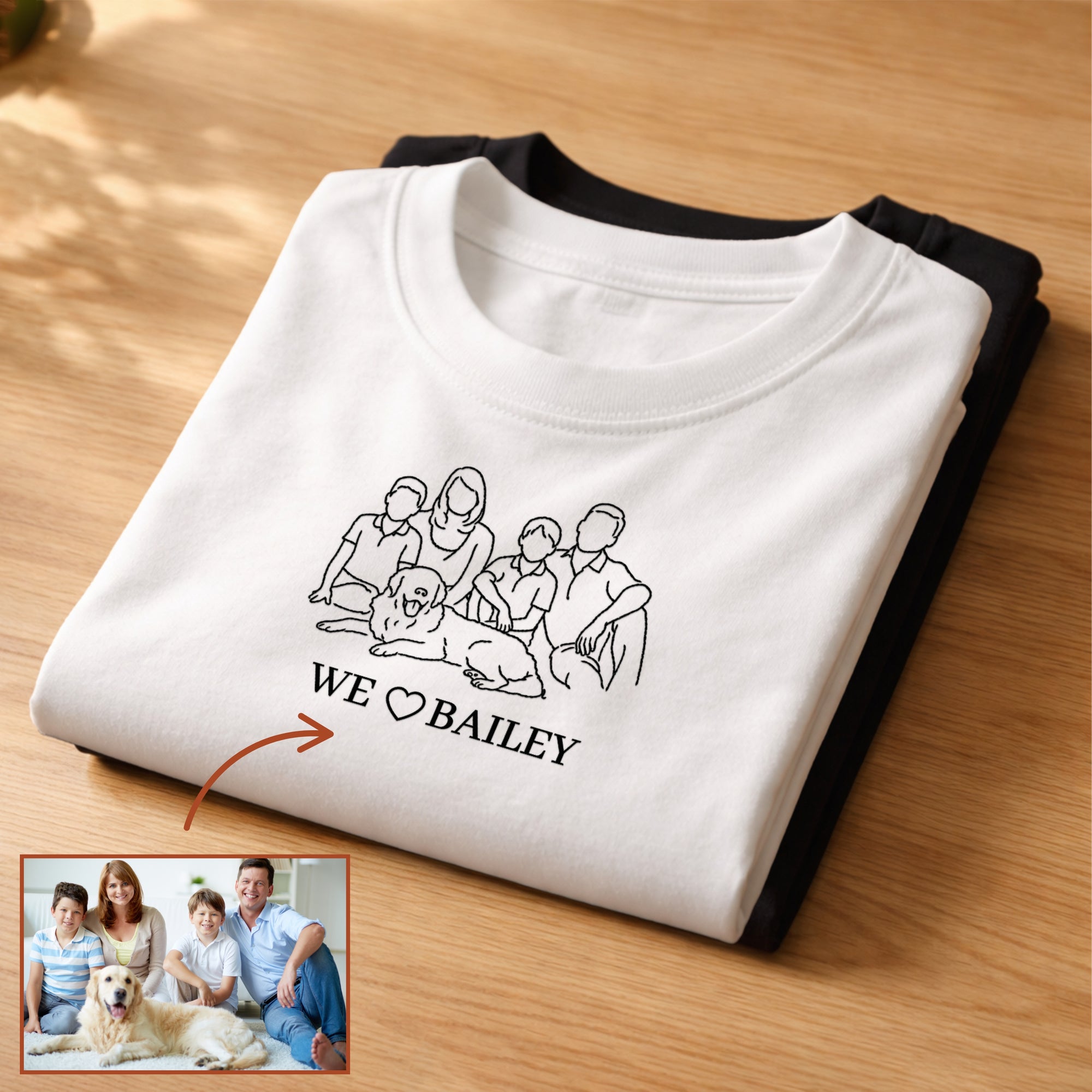 Custom Embroidered Photo Outline T-shirt, Personalised Pet Portrait, Logo Business Crewneck Tee, Family Kid Couple Birthday Anniversary Gift