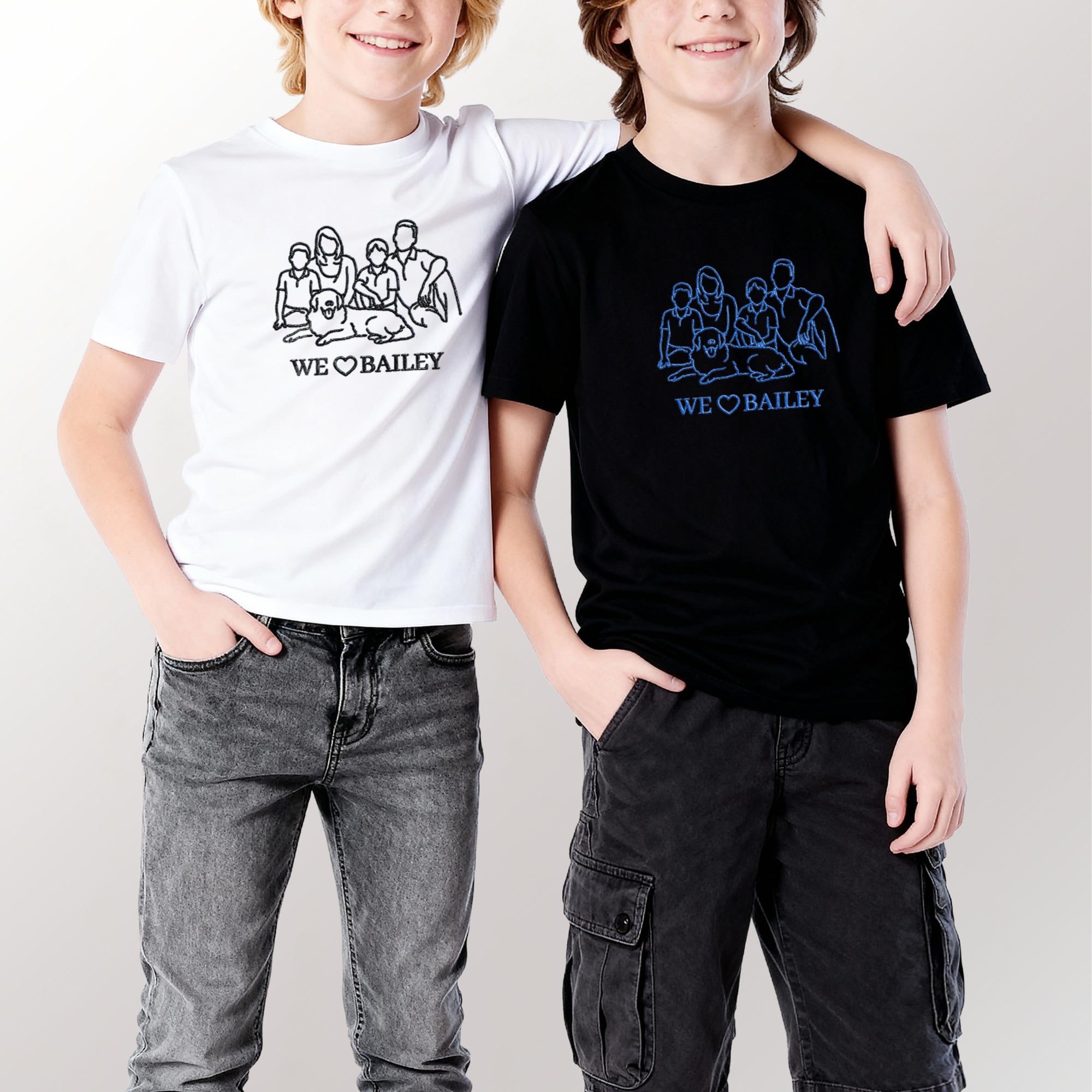 Custom Embroidered Photo Outline T-shirt, Personalised Pet Portrait, Logo Business Crewneck Tee, Family Kid Couple Birthday Anniversary Gift